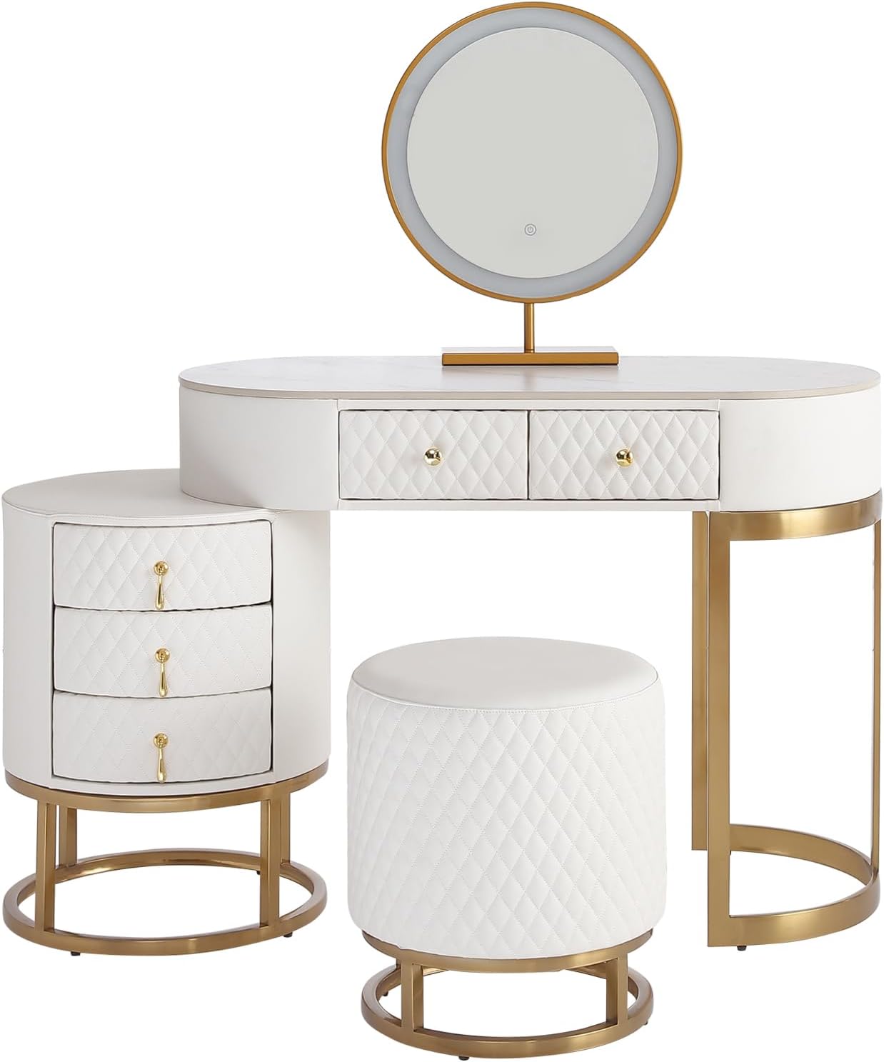 Luxury Faux Leather Vanity Desk with Mirror Makeup Table with Drawers & Vanity Stool, White