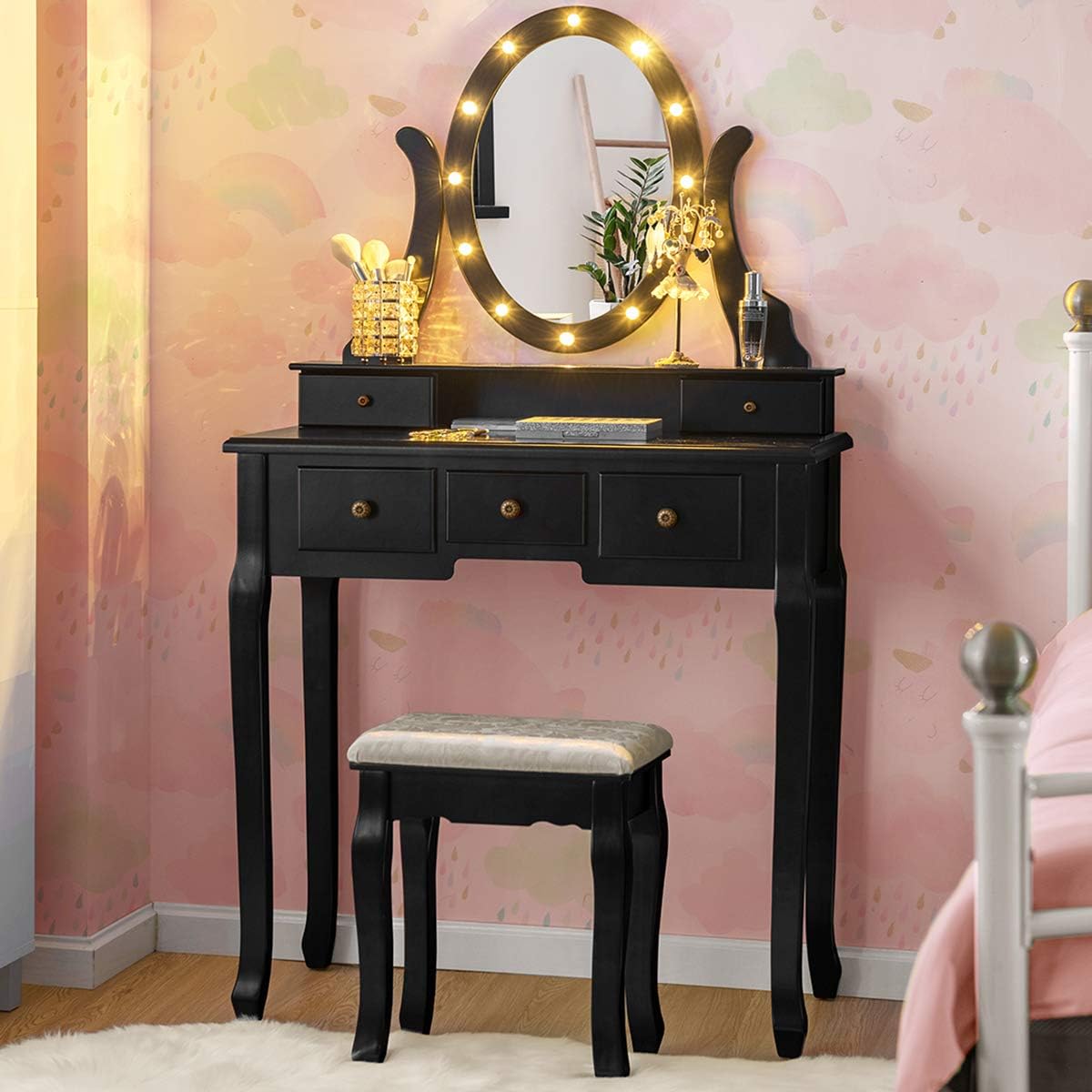 Giantex Vanity Table Set with 12 Lights Mirror, Bedroom Makeup Dressing Table with 360 Rotating Oval Mirror, 5 Drawers and Shelf, Modern Makeup Table with Cushioned Stool for Girls Women (Black)