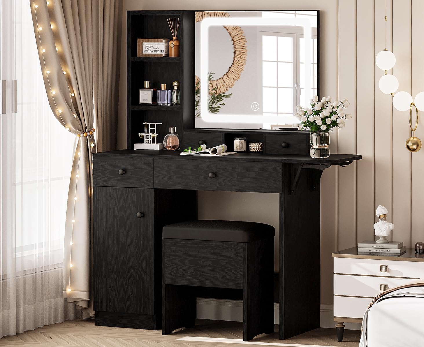 LIKIMIO Vanity Desk with Drawers & LED Lighted Mirror & Power Outlet & Cabinet, Storage Stool, Stylish Bedroom Makeup Table Set, Modern Black