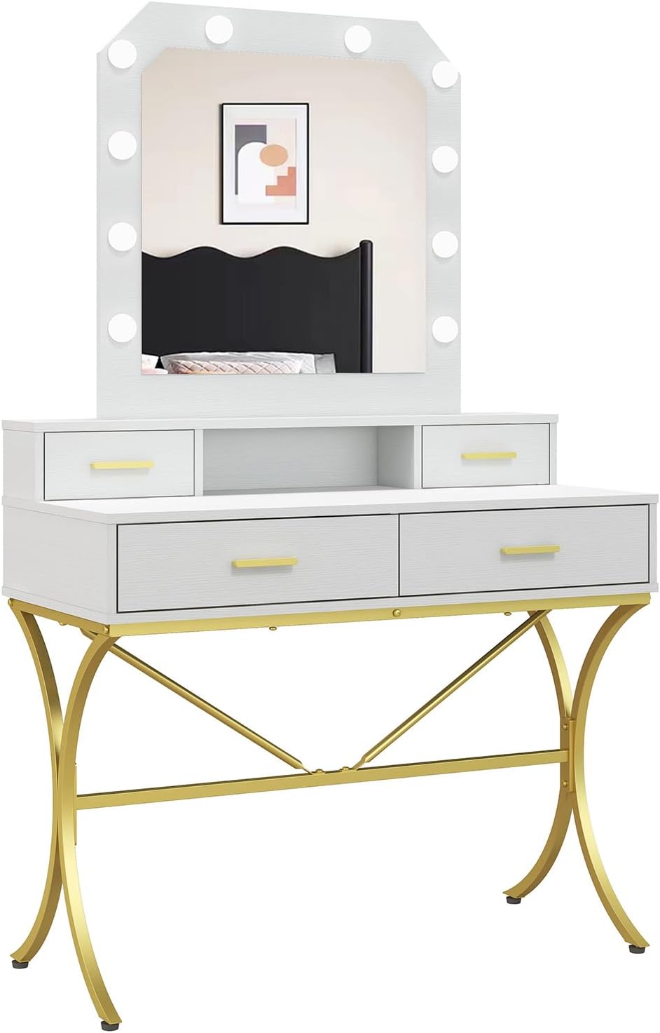 Vanity Table with Lighted Mirror, Modern Makeup Vanity Table with 10 Lights Makeup Desk 4 Drawer Storage Dressing Table for Bedroom (White)