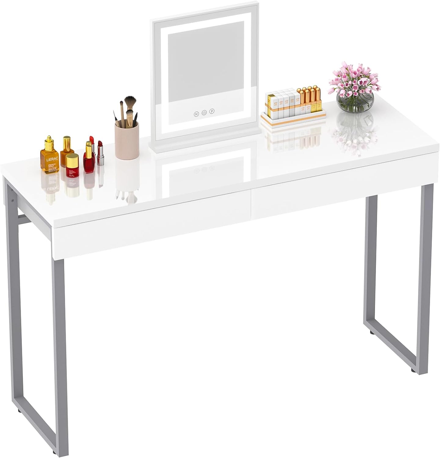 GreenForest Vanity Desk with 2 Drawers Glossy White 47 inch Modern Home Office Computer Writing Desk Makeup Dressing Table with Metal Silver Legs for Bedroom,Silver