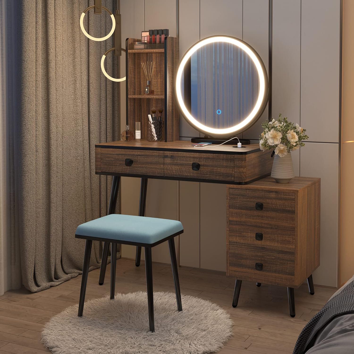 LVSOMT Vanity Desk with Mirror and Lights, Makeup Vanity Table with Charging Station, Vanity Set with 5 Drawers, Dressing Table with Lighted Round Mirror for Girls (Brown)