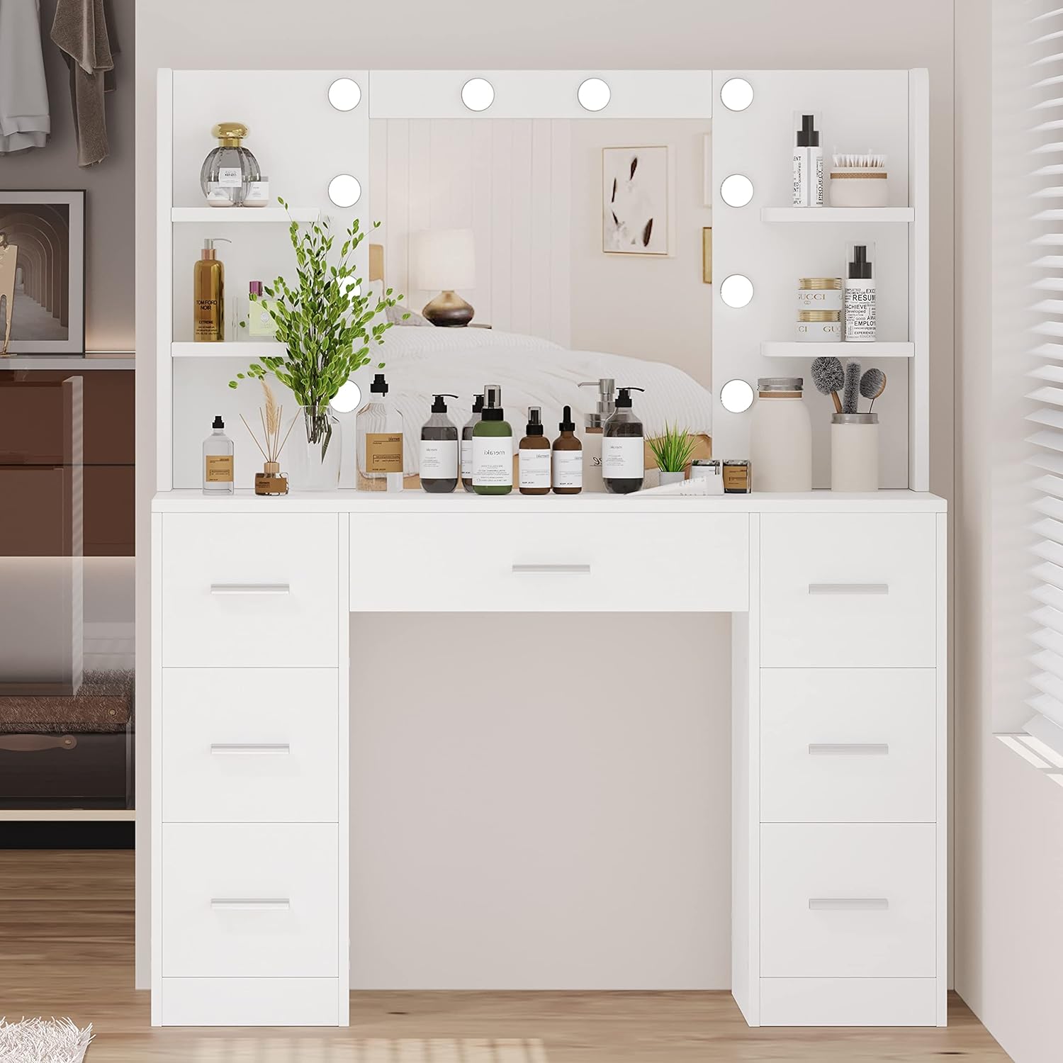 Irontar Vanity Desk, Makeup Vanity with 10 LED Lights & 7 Metal Sliding Drawers, Brightness Adjustable, Vanity Table with 6 Open Shelves, Makeup Table for Women Girls, White WDT005W