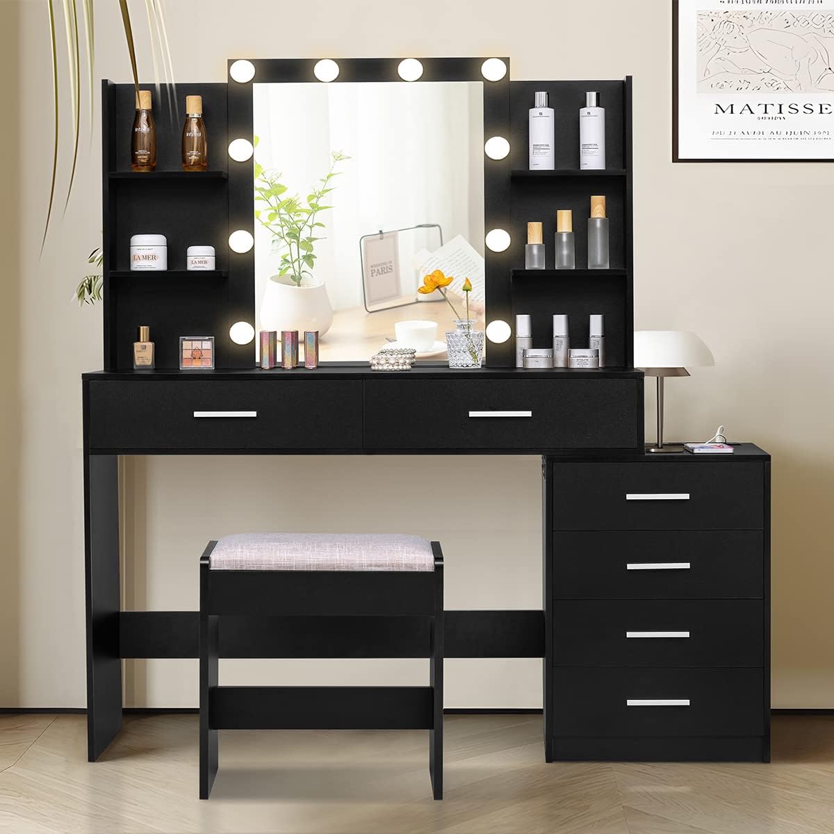 Quimoo 48 Large Vanity Desk with Mirror and Lights, Makeup Vanity with 6 Drawers, Power Outlet, Vanity Makeup Mirror Desk Table Set with 4 Storage Shelves & Stool, Best Gift for Women Girls,Black