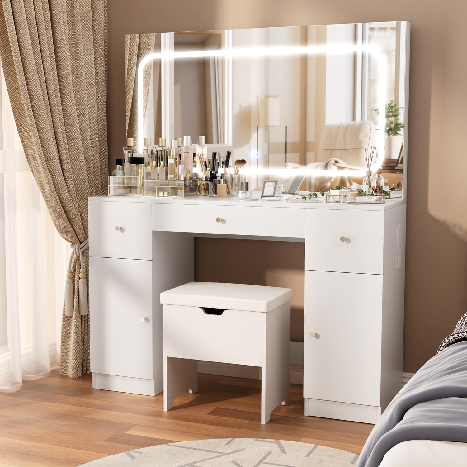 Makeup Vanity with LED Lighted Mirror & Charging Station, 3 Drawers & 2 Cabnits Vanity Desk Set, Makeup Vanities Dressing Table with Stool, for Bedroom, White