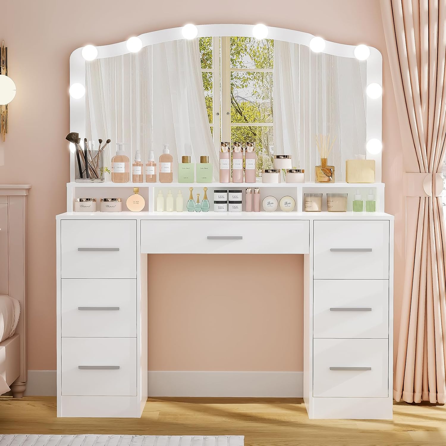 usikey 43.3 Vanity Desk with Large Lighted Mirror, Makeup Vanity Table with 7 Drawers & 10 Lights Bulbs, 3 Lighting Colors, Make Vanity Desk, Vanity Table for Women Girls, White