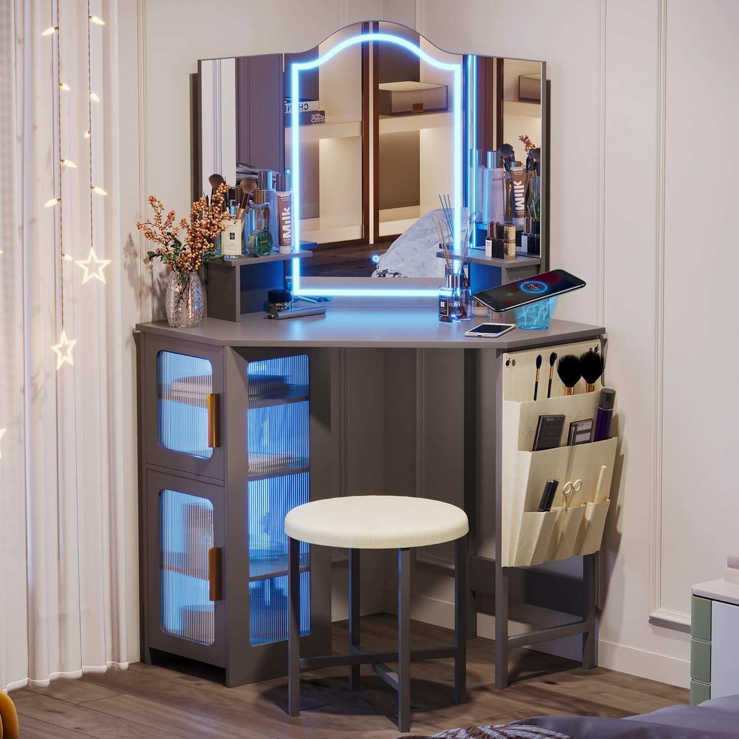 LVSOMT Vanity Desk with Mirror and Lights, Makeup Vanity with Charging Station, Dressing Table with 3 Lighting Options, Vanity Set with Drawers, Womens Corner Vanity Table, Grey