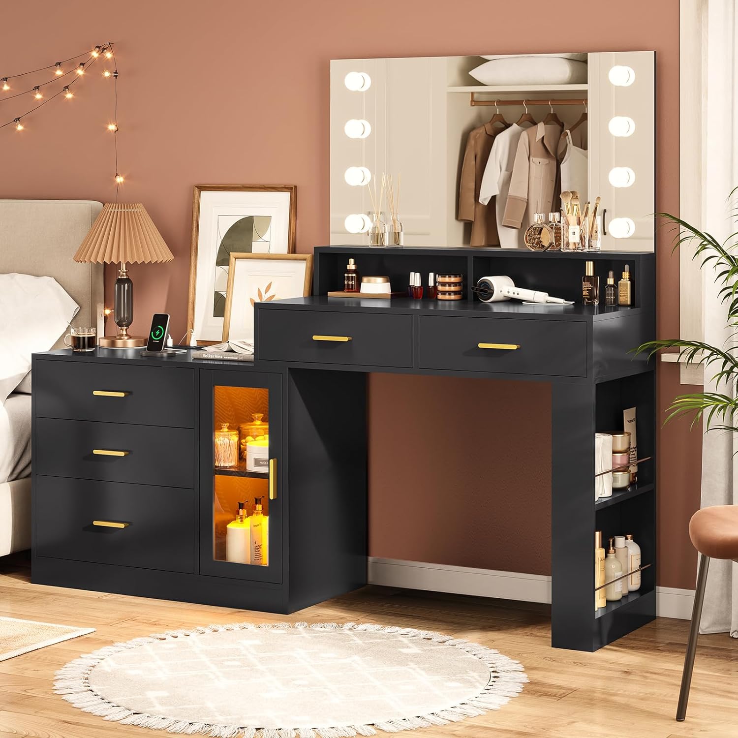 AOGLLATI Makeup Vanity Desk with Mirror and Lights & Charging Station, Black Vanity Table with 3 Drawers LED Dresser, Makeup Desk with 3 Lighting Modes, 5 Drawers and Cabinet Storage