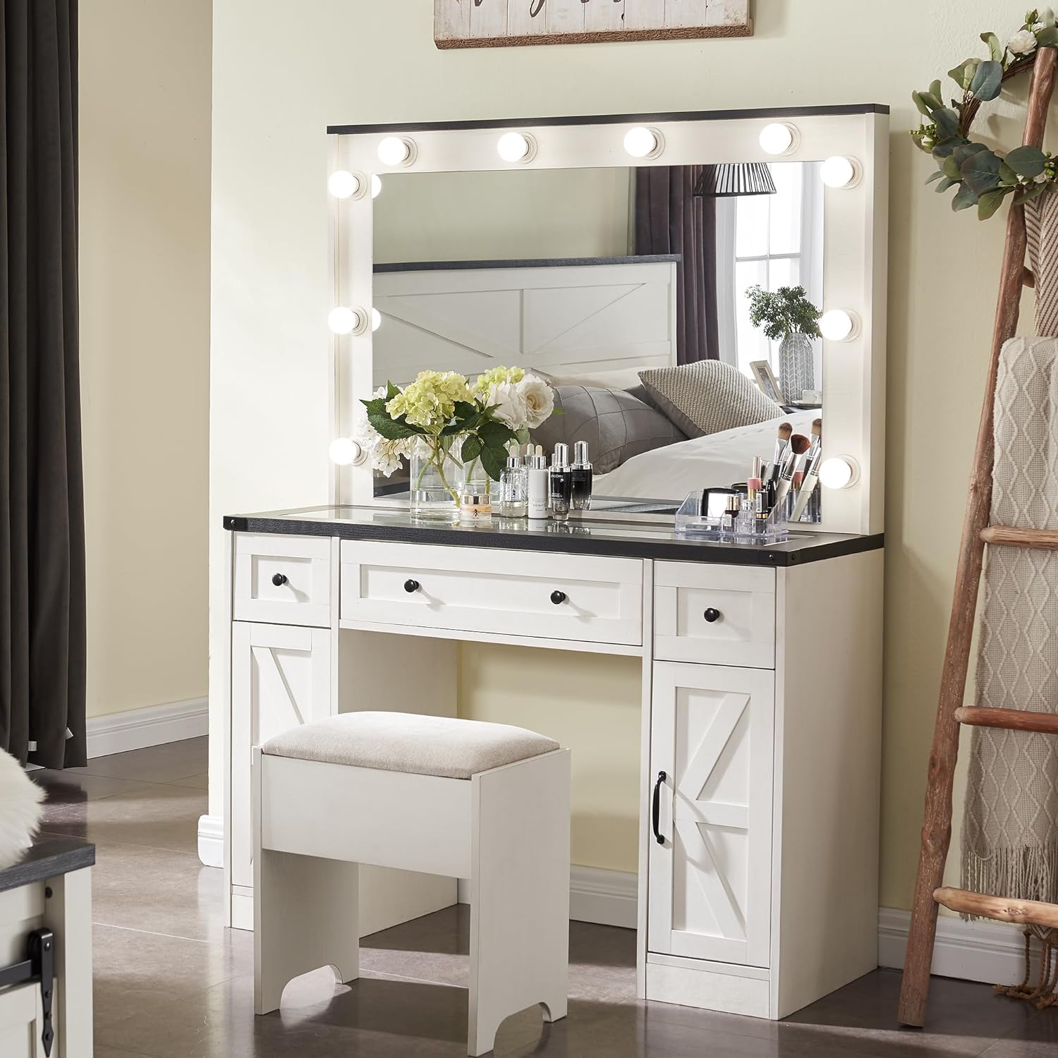 JXQTLINGMU 43 Makeup Vanity Desk with Mirror and Lights, Farmhouse Vanity Dressing Table Set with 3 Drawers & 2 Cabinets, Stool Included, Bedroom, Off White