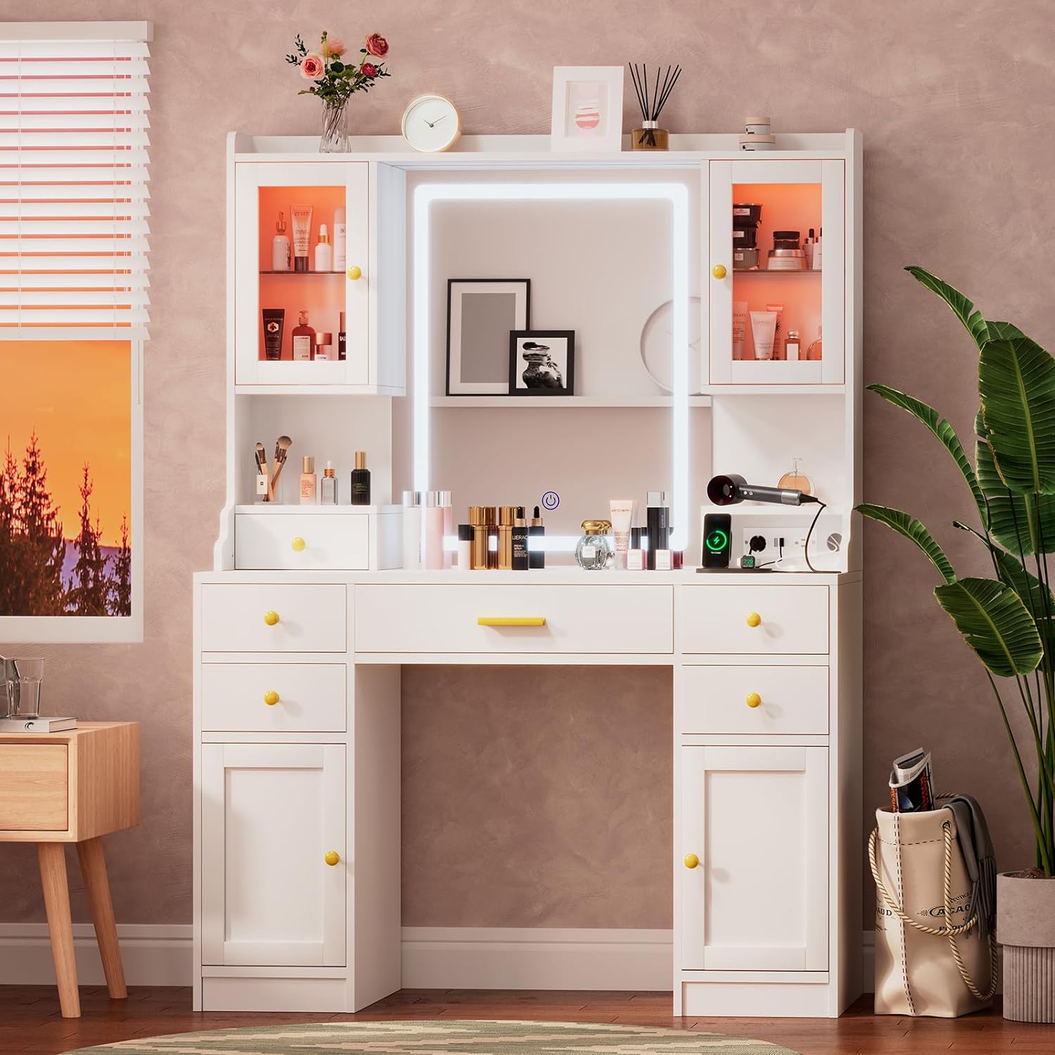 White Large Vanity Desk with Mirror,Lights and Charging Station,Make up Vanity Mirror with 3 Lights Mode and Brightness Adjusted by Touch Button and 6 Drawers,4 cabinets,2 cabinets with RGB Lights