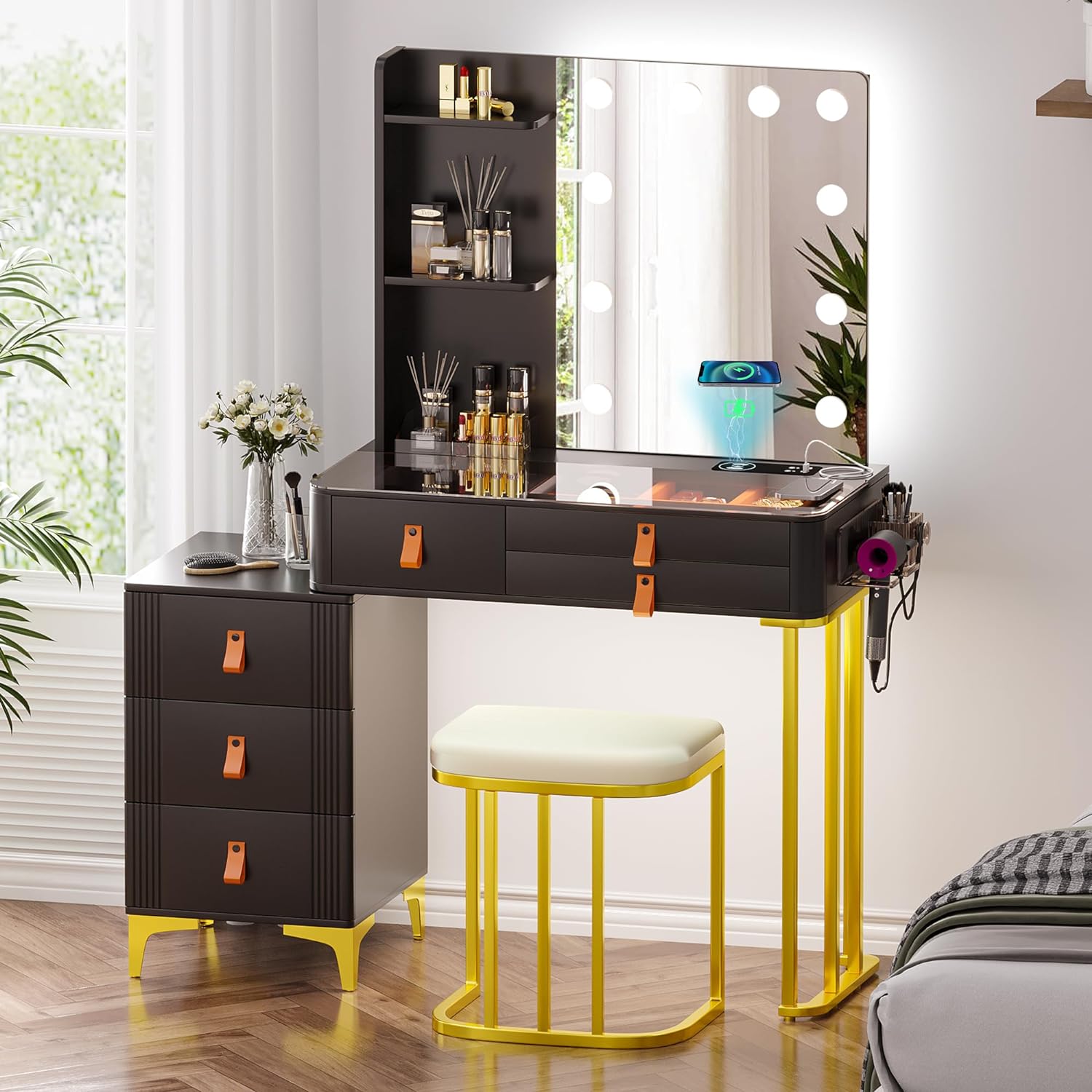 Vanity Desk with Mirror and Lights, Auto Sensor Makeup Vanity Set with Charging Station, Vanity Table with 6 Storage Drawers, Including LED Vanity Mirror and Chair