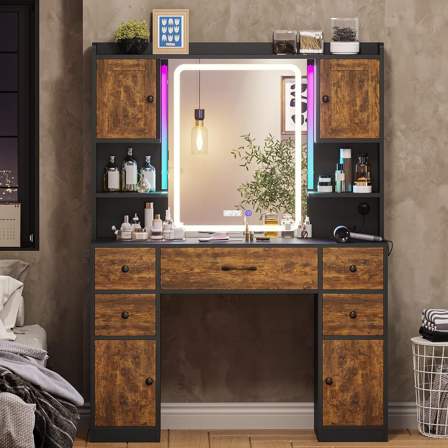 Tiptiper Makeup Vanity with Lights & Charging Station, Vanity Table with Time Display Mirror, Ambient Light, Storage Cabinets, Rustic Brown and Black