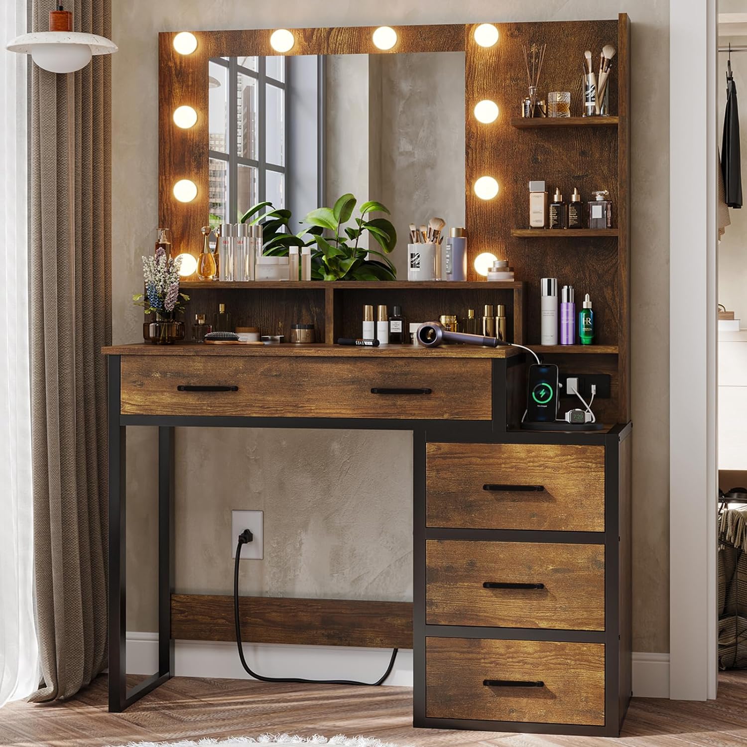 Tiptiper Vintage Vanity Desk, Makeup Vanity with Mirror and 10 LED Lights, 3 Lighting Modes, Makeup Table with 2 USB Ports and Outlets, Vanity Table with 5 Drawers,Nightstand and Storage Shelves