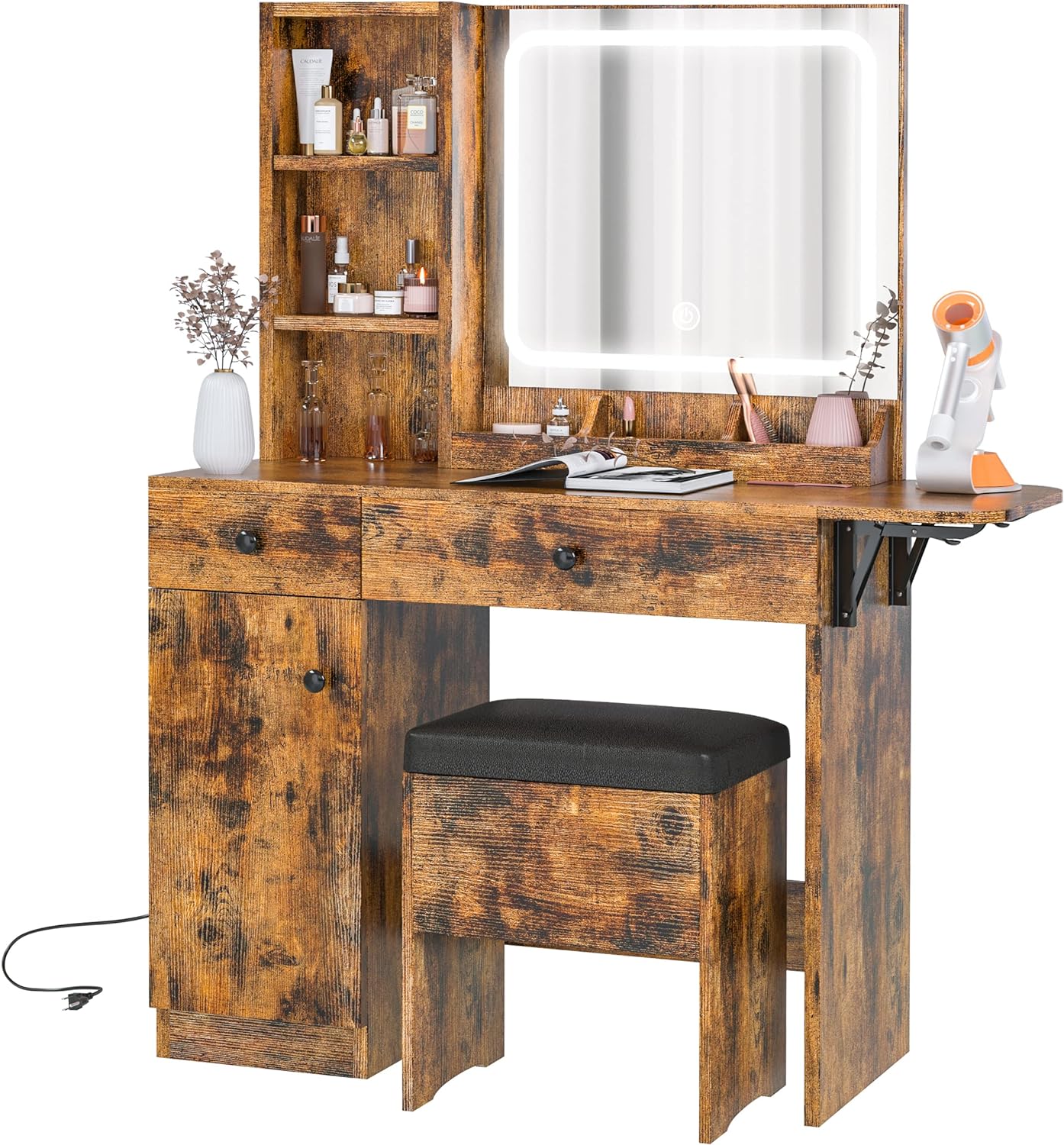 IRONCK Vanity Desk with LED Lighted Mirror & Power Outlet, Makeup Table with Drawers & Cabinet,Storage Stool,for Bedroom, Vintage Brown