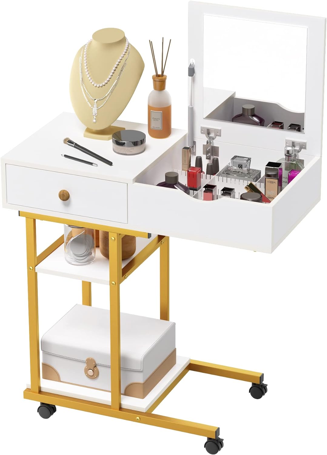 Elephance Moveable Vanity Desk with Mirror for Small Spaces, Makeup Dressing Table Computer Desk with Drawers and Shelves for Bedroom