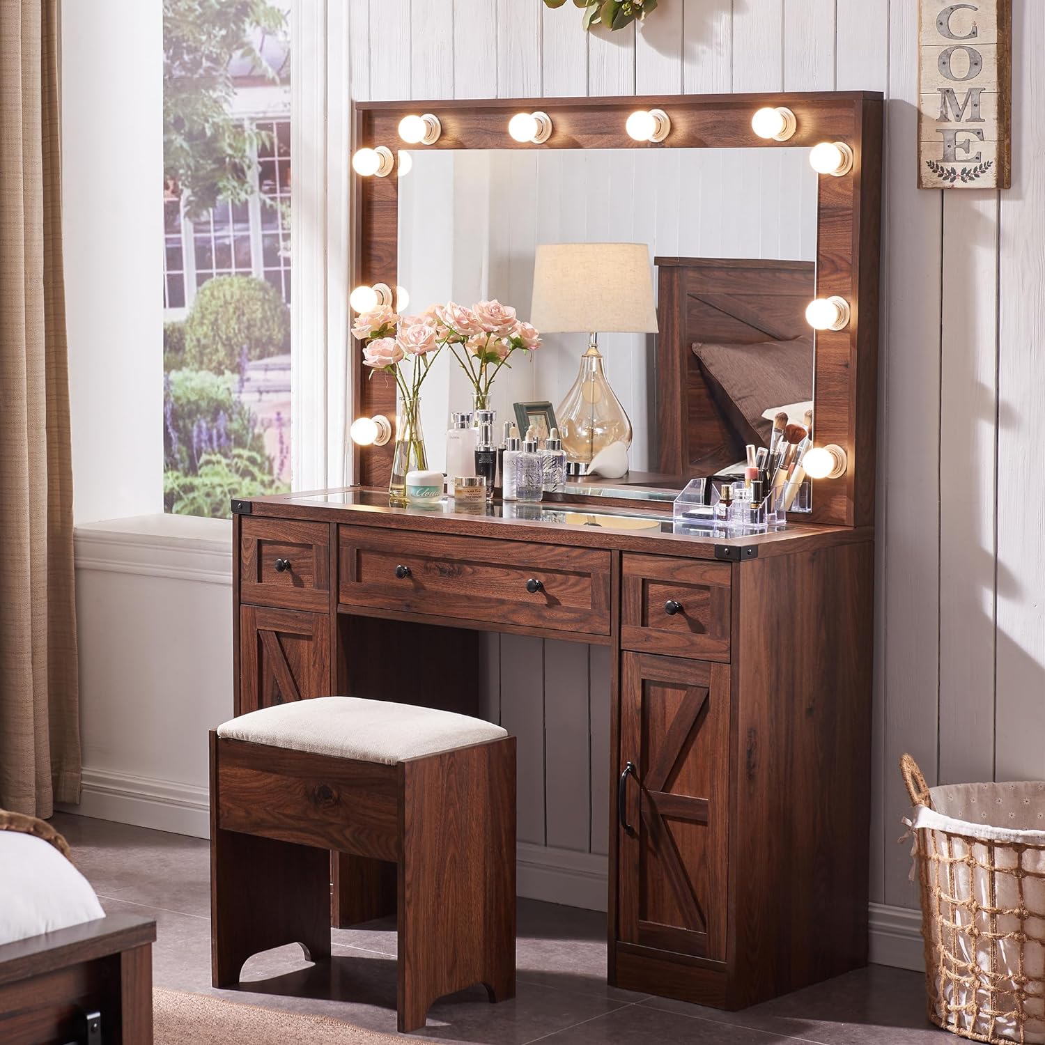 JXQTLINGMU 43 Makeup Vanity Desk with Mirror and Lights, Farmhouse Vanity Dressing Table Set with 3 Drawers & 2 Cabinets, Stool Included, Bedroom, Brown