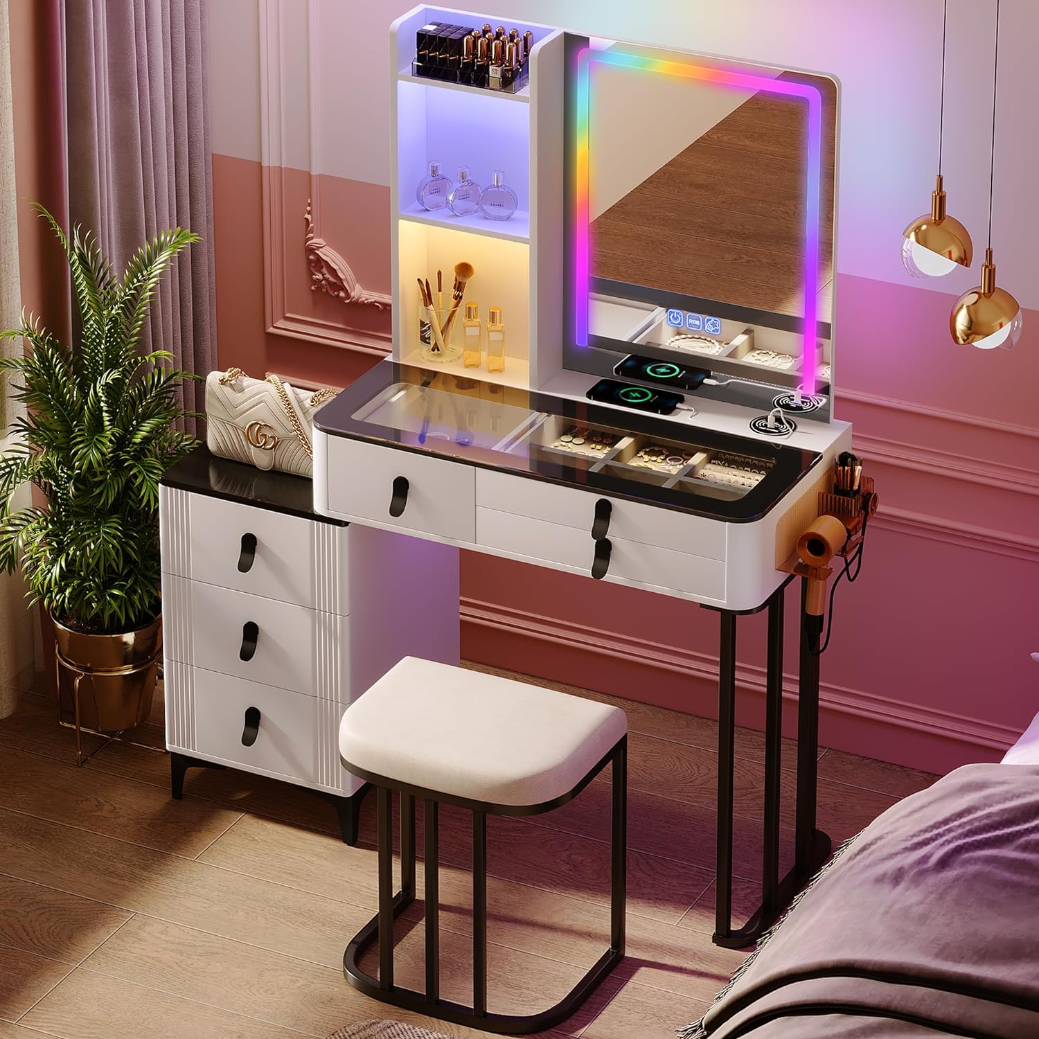 Vanity-with-Mirror-and-Lights Makeup Desk - White Dressing Table Set with Chair Glass Desktop Charging Station 6 Drawers 3 Open Storage Shelves