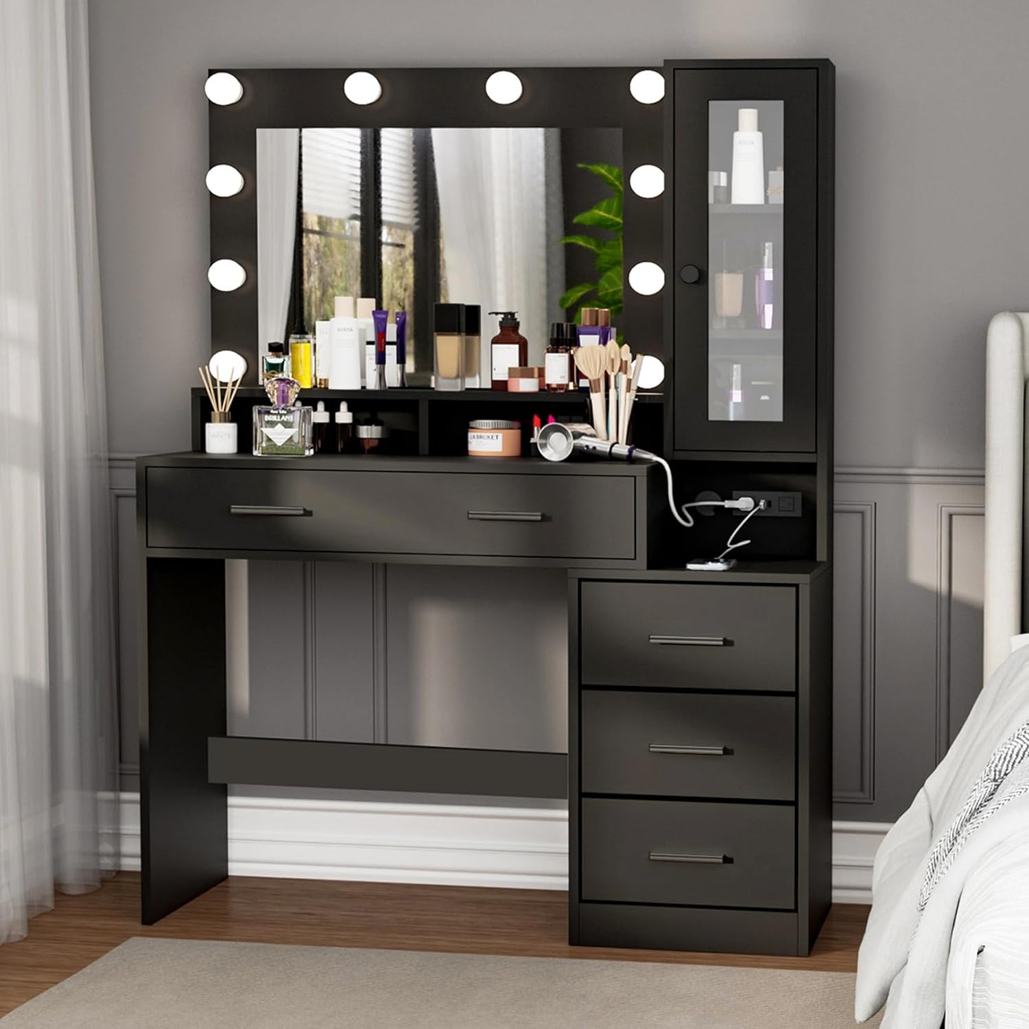 Likein Makeup Vanity with Charging Station - Black Vanity Desk with Mirror and Lights, Large Vanity with Lighted Mirror, Modern Dressing Table with Nightstand Drawers & Cabinet for Women Girls Bedroom