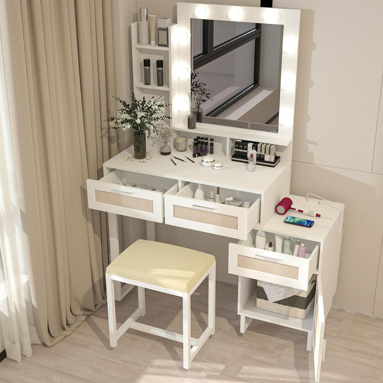 ARTETHYS Makeup Vanity Desk with Mirror and Lights Boho Vanity Table Set with Charging Station White and Rattan Vanity Desk with Drawers and Stool for Bedroom