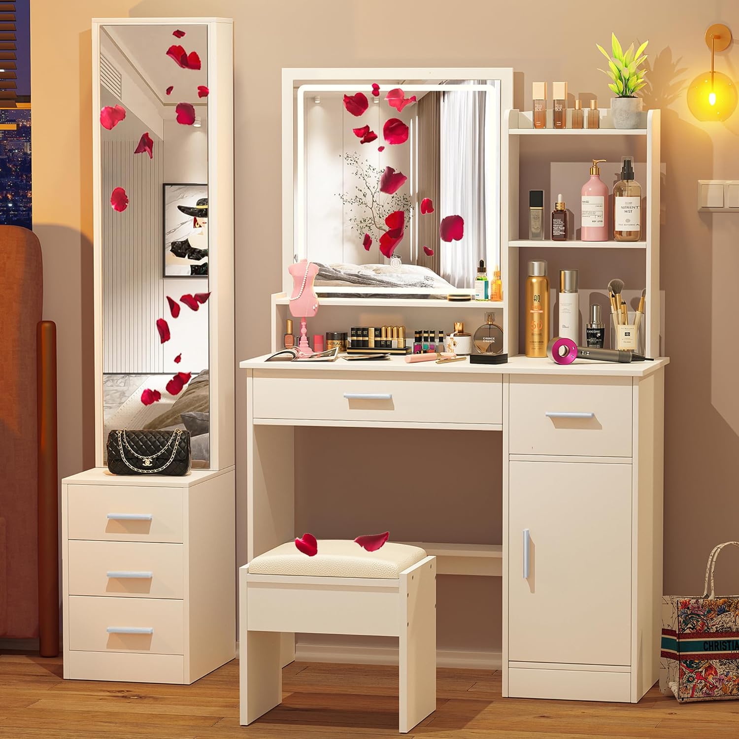 INTERGREAT Makeup Vanity Desk with Lights and Full-Length Mirror, White Vanity Table Set with 3 Lighting Modes, Dressing Table with Drawers, Large Vanity Desk for Women and Girls' Bedroom