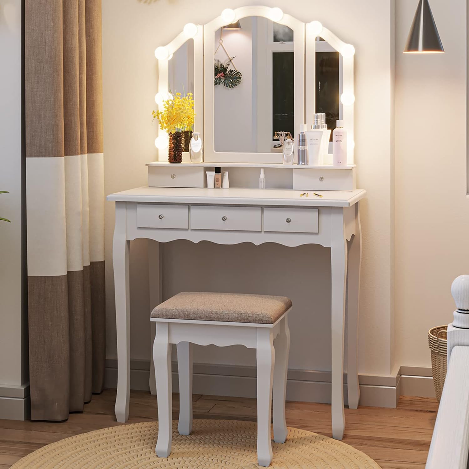 Tiptiper Makeup Vanity with Lights, Vanity Desk with Lighted Mirror and Stool, Vanity Set with 5 Drawers, 3 Light Settings, Modern White