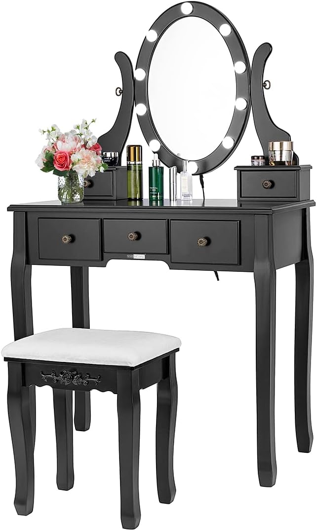 VIVOHOME Makeup Vanity Set with 10 Dimmable LED Bulbs, Dressing Table with 360 Rotating Lighted Mirror and Cushioned Stool, Black