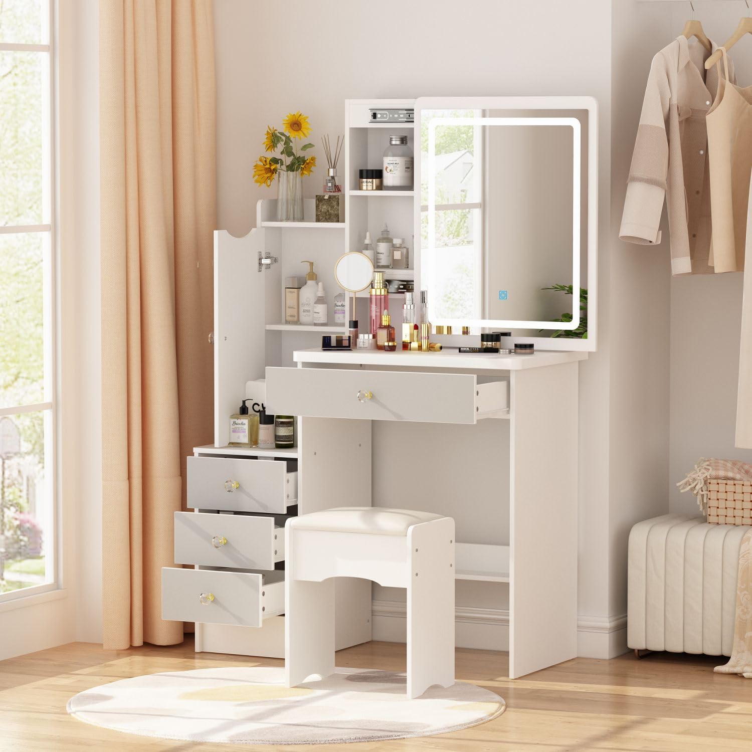 FAMAPY Vanity Desk with Mirror and Lights, Vanity Makeup Desk with Sliding Lighted Mirror, Vanity Mirror Makeup Desk with Cushion Stool, Drawers and Shelves, White and Grey