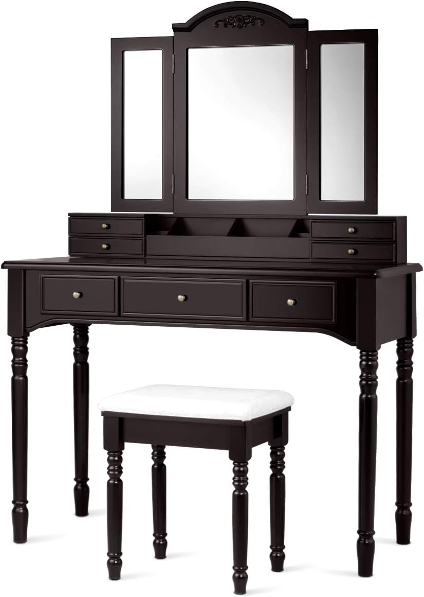 CHARMAID Large Makeup Vanity Table, 41.5'' Wide Vanity Desk, Tri-fold Mirror with 8 Necklace Hooks Backside, 7 Drawers, 4 Storage Compartments, Bedroom Dressing Table Vanity Set with Stool (Espresso)