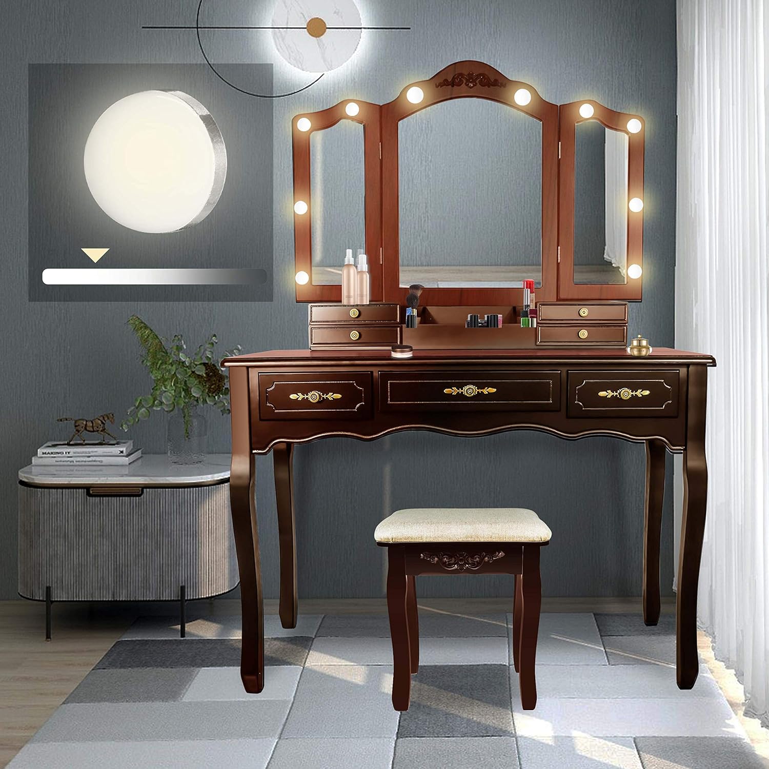 ENSTVER Vanity Set with 10 Hollywood LED Light Bulbs,Makeup Table with Stool and Mirror,6 Organization 7 Drawers,Dressing Table for Bedroom,Brown