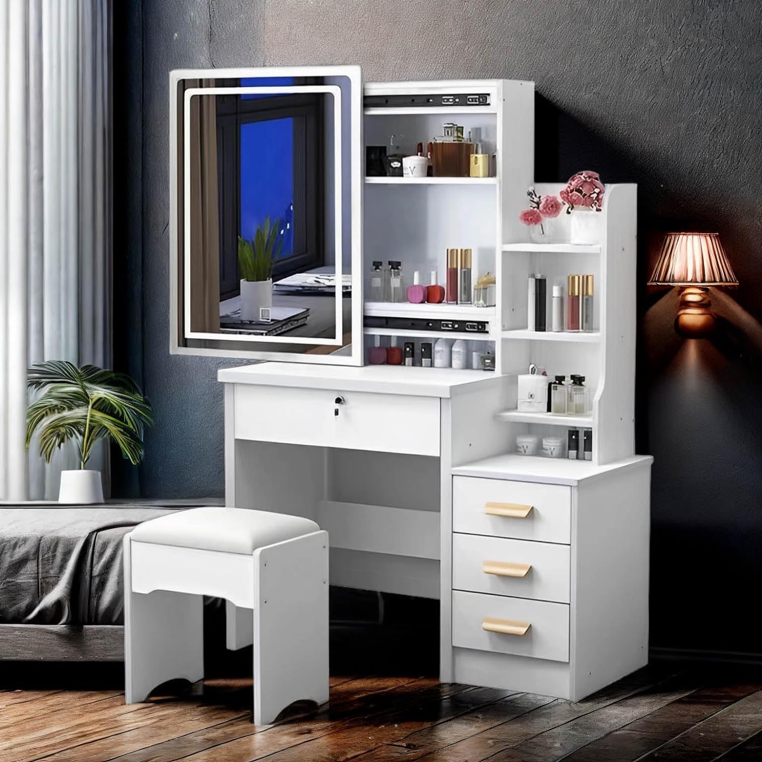 Makeup Vanity with Mirror and Lights,Modern Bedroom Makeup Table Set with Upholstered Stool,Vanity Desk with 4 Drawers & Shelves,3 Color Lighting Brightness Adjustable,White (4 Drawers)