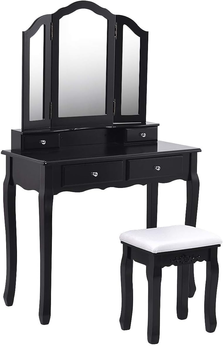 Giantex Vanity Set with Tri-Folding Mirror and 4 Drawers, Makeup Dressing Table with Cushioned Stool for Girls Women, Modern Bedroom Bathroom Makeup Table with Stool (Black)