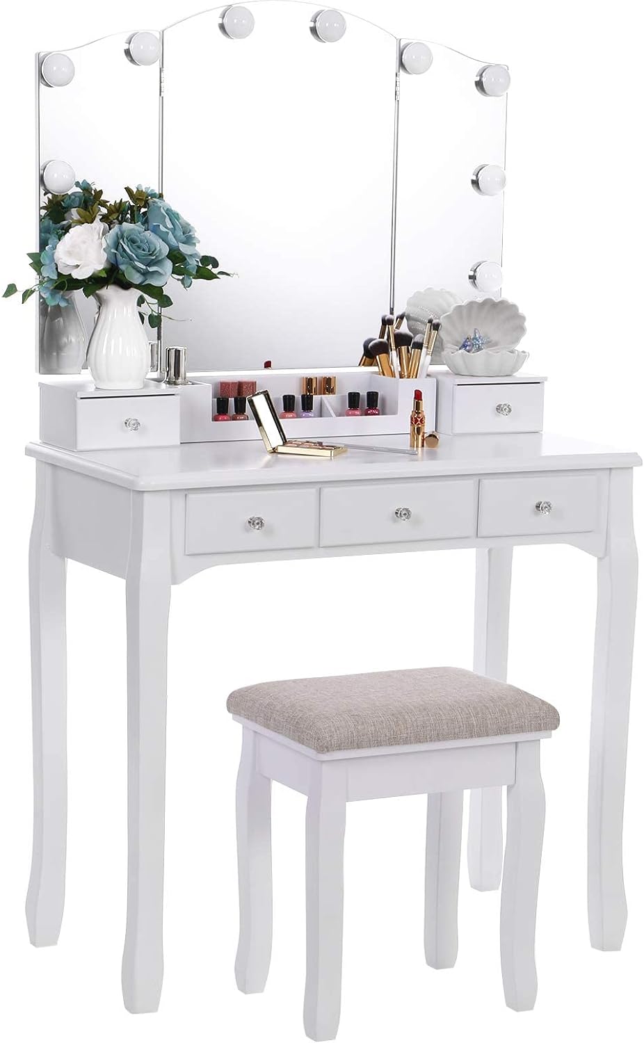 BEWISHOME Vanity Set with Lighted Mirror, Makeup Vanity with Tri-Folding Mirror 10 LED Bulbs, White Vanity Desk Vanity Table with 5 Drawers 2 DIY Dividers, Cushioned Stool, Movable Organizer FST09W