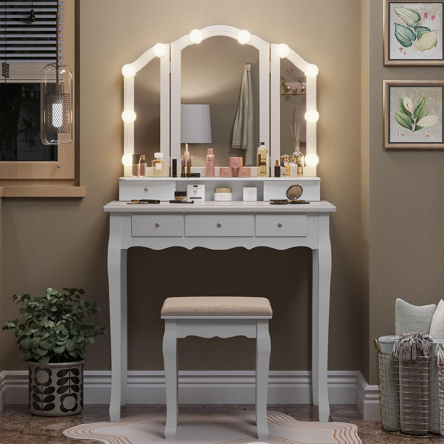 Tiptiper Makeup Vanity with Lights, Vanity Desk with Lighted Mirror and Stool, Vanity Table Set with 5 Drawers, 3 Light Settings, Adjustable Brightness, White