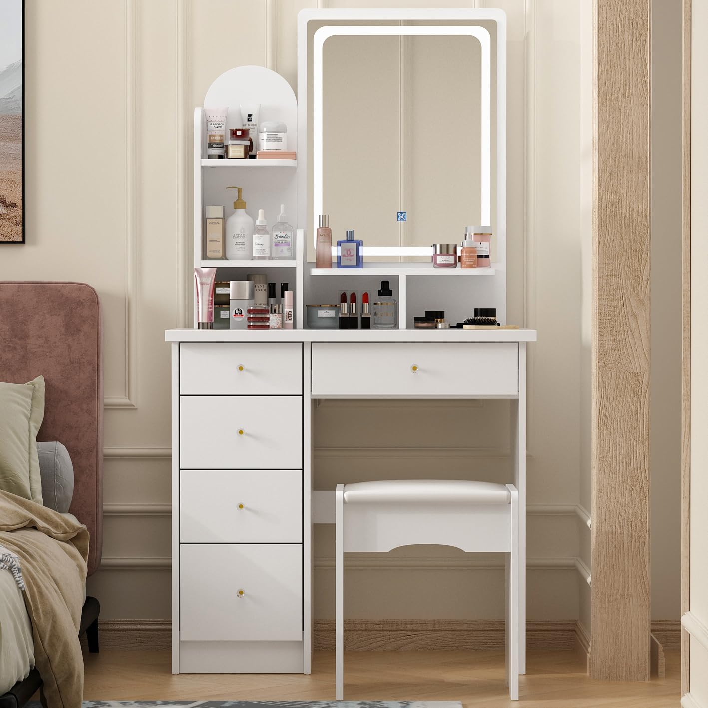 FUFU&GAGA Vanity Set with Rectangular Mirror, Makeup Vanity Dressing Table with 5 Drawers, Shelves, Dresser Desk and Cushioned Stool Set (B White/Lighted Mirror)