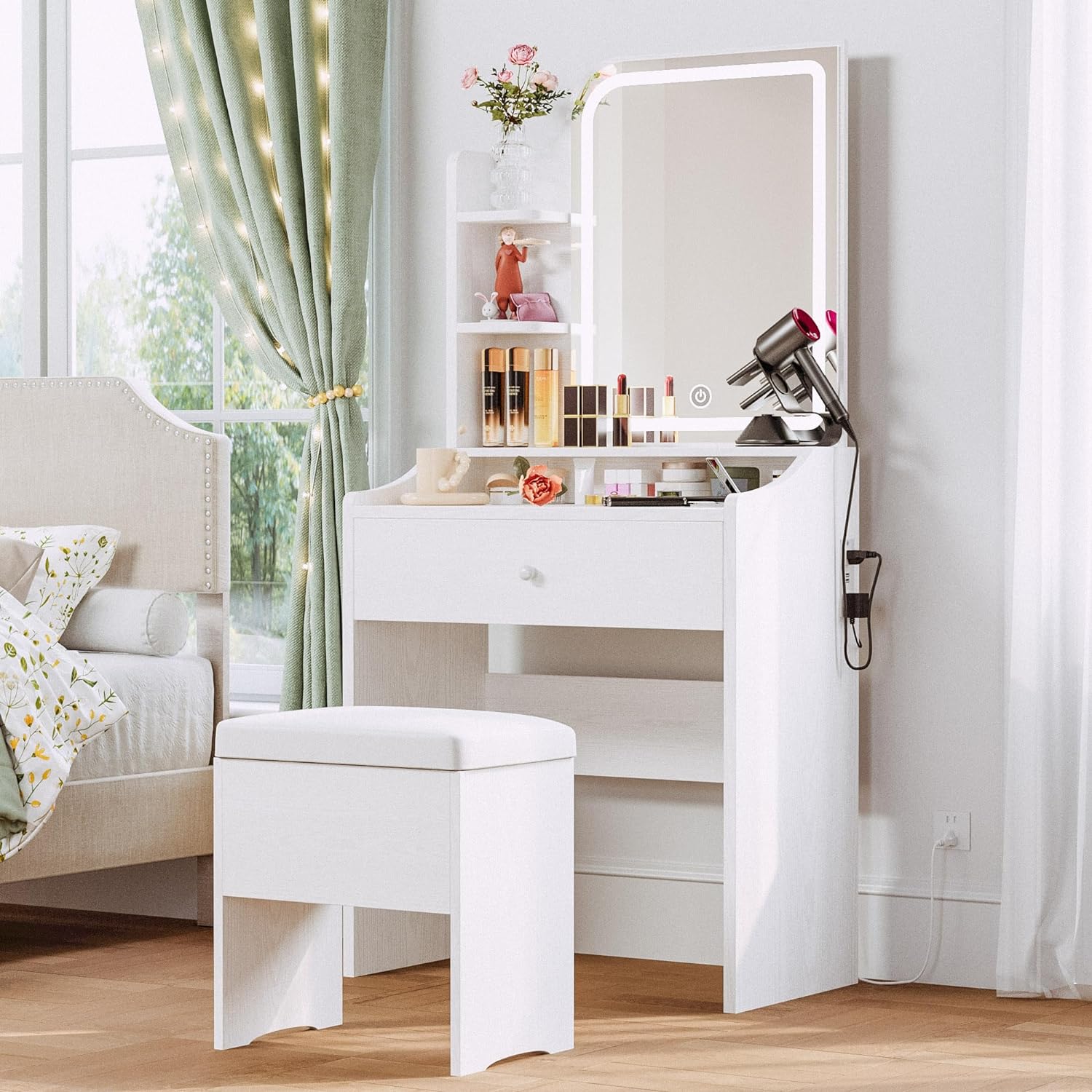 LIKIMIO Small Makeup Vanity Desk with Mirror and Lights, Vanity Table Set with Storage Drawer & Chair & 3 Shelves, Bedroom, White