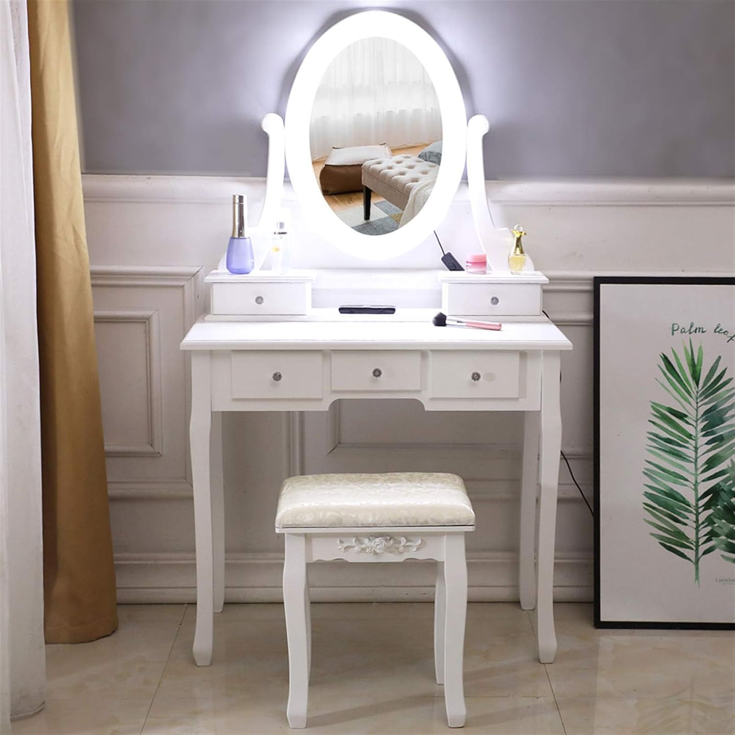 COVMAX Vanity Table Set with Lighted Mirror, Makeup Dressing Table and Cushioned Stool Set with 5 Large Drawers for Women Girls