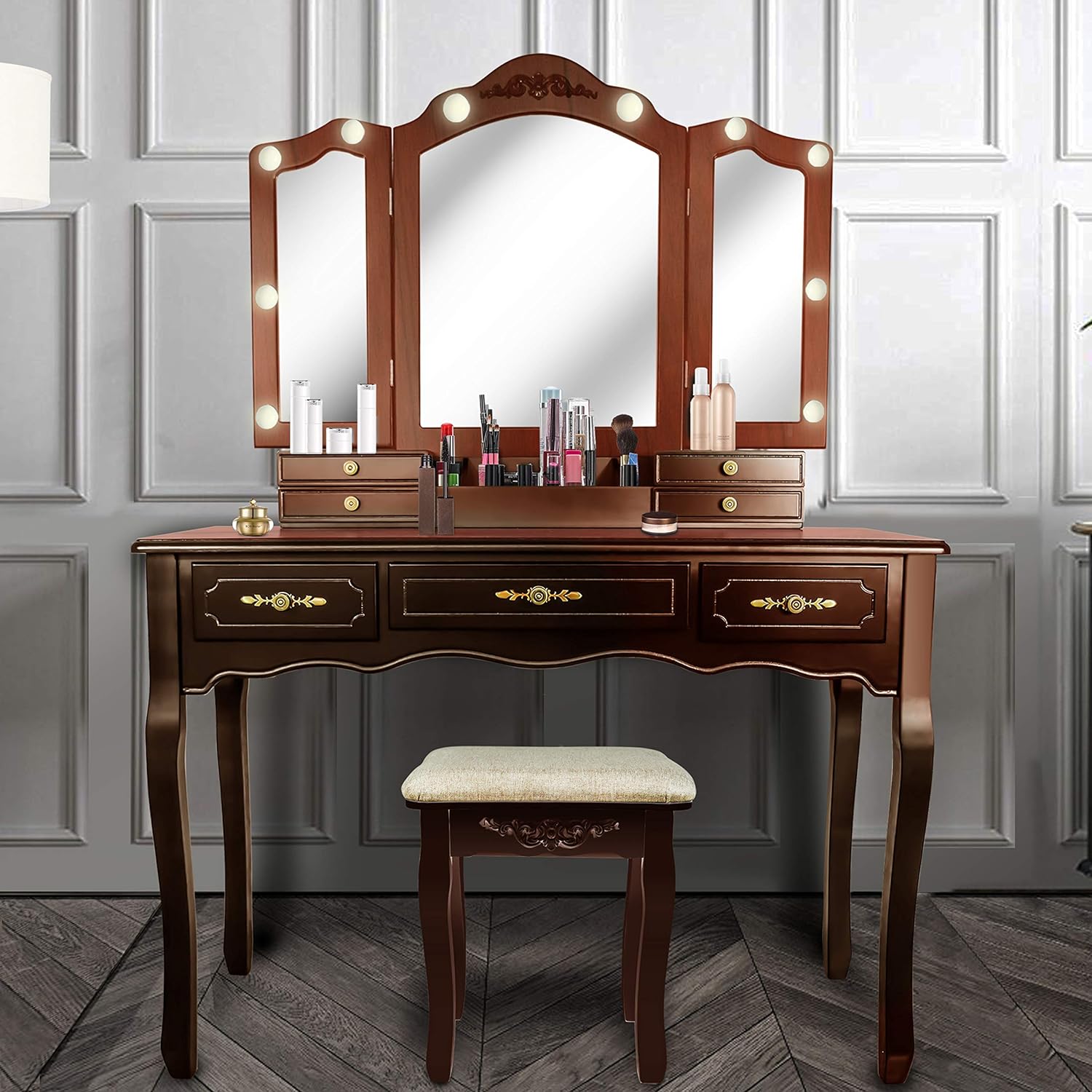 ENSTVER Vanity Beauty Station,Tri-Folding Mirrors,6 Organization 7 Drawers Makeup Dress Table with Cushioned Stool-Espresso