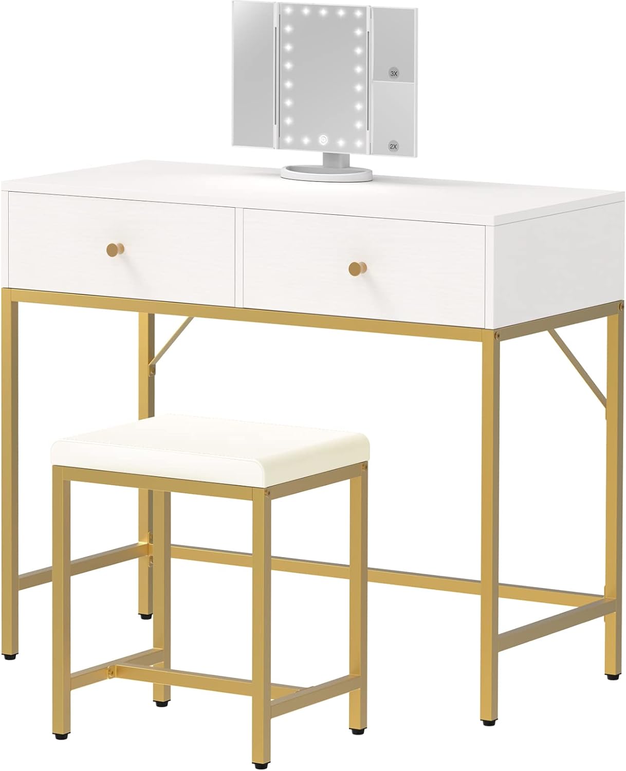 SUPERJARE Vanity Desk, Makeup Vanity with Lighted Mirror, White Desk with Drawers, 35.4 Inches Makeup Vanity Desk with Lights, for Bedroom, White and Gold