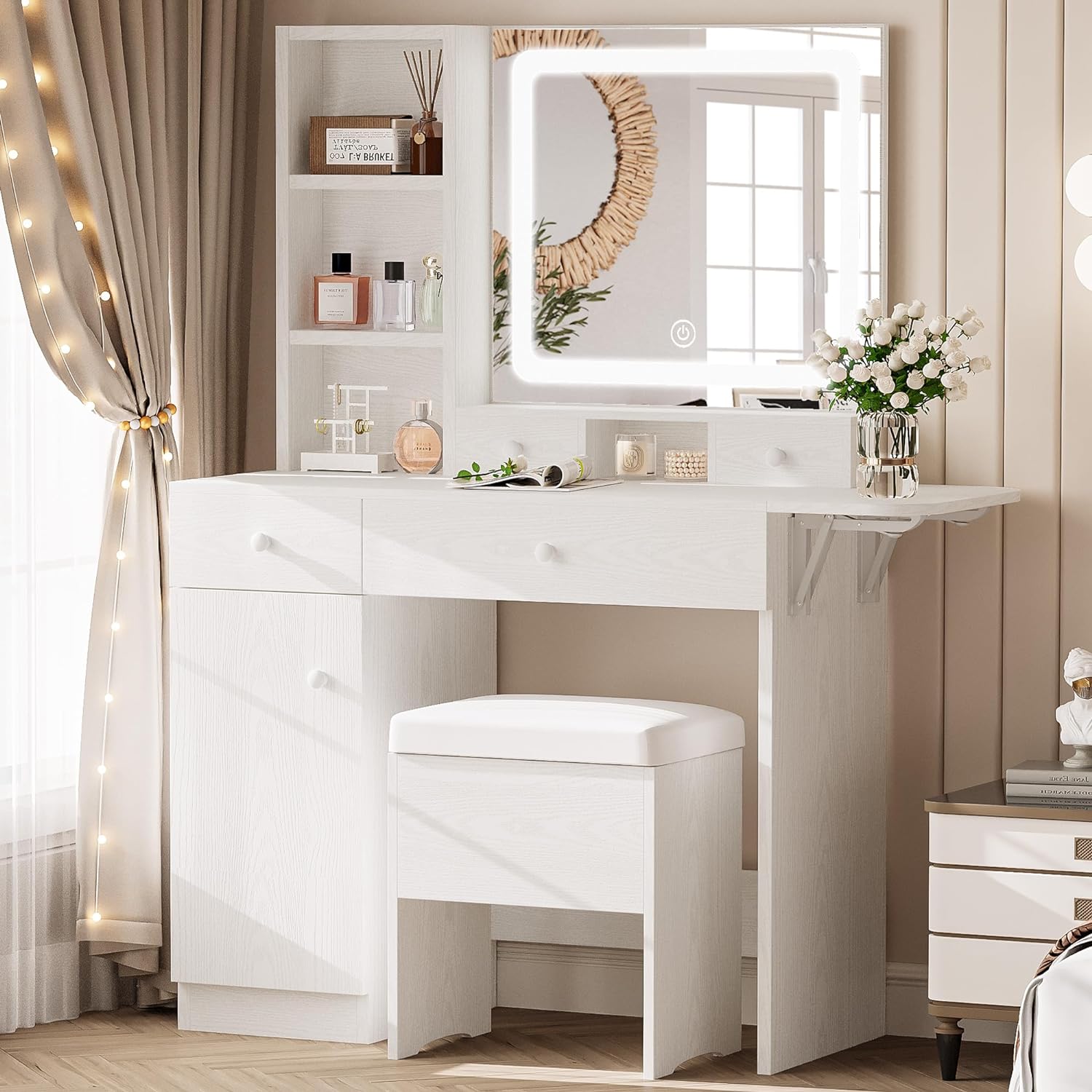 LIKIMIO Vanity Desk with Drawers & LED Lighted Mirror & Power Outlet & Cabinet, Storage Stool, Stylish Bedroom Makeup Table Set, White