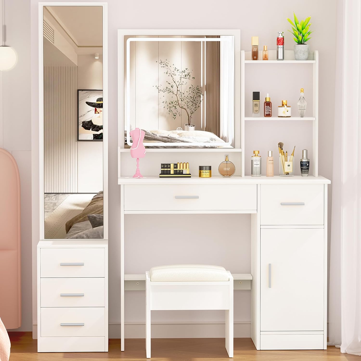 Greenvelly Makeup Vanity Desk with Lights and 2 Mirror, White Vanity Table with 3 Lighting Modes and Stool Set, Dressing Table with Drawers, Vanity Desk for Women and Girls' Bedroom