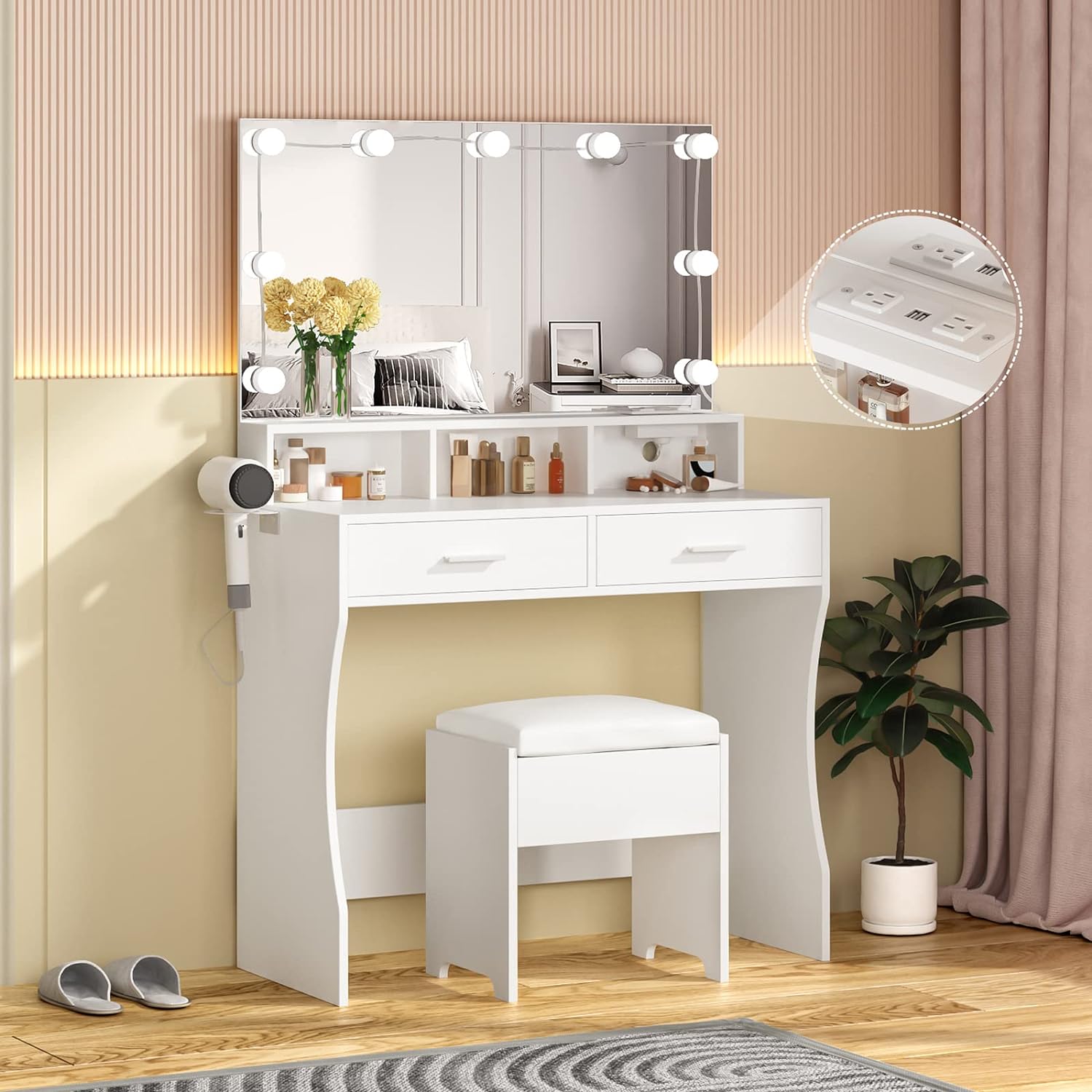 Vabches Makeup Vanity with Lighted Mirror & Power Outlet, White Vanity Set Vanity Desk, Clearance Makeup Vanity 3 Lighting Colors, Brightness Adjustable, 31.5in(W)