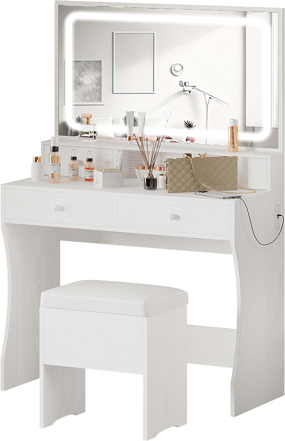 IRONCK Vanity Desk Set with LED Lighted Mirror & Power Outlet, Makeup Vanity Table with 4 Drawers,Storage Bench,for Bedroom, Bathroom, White