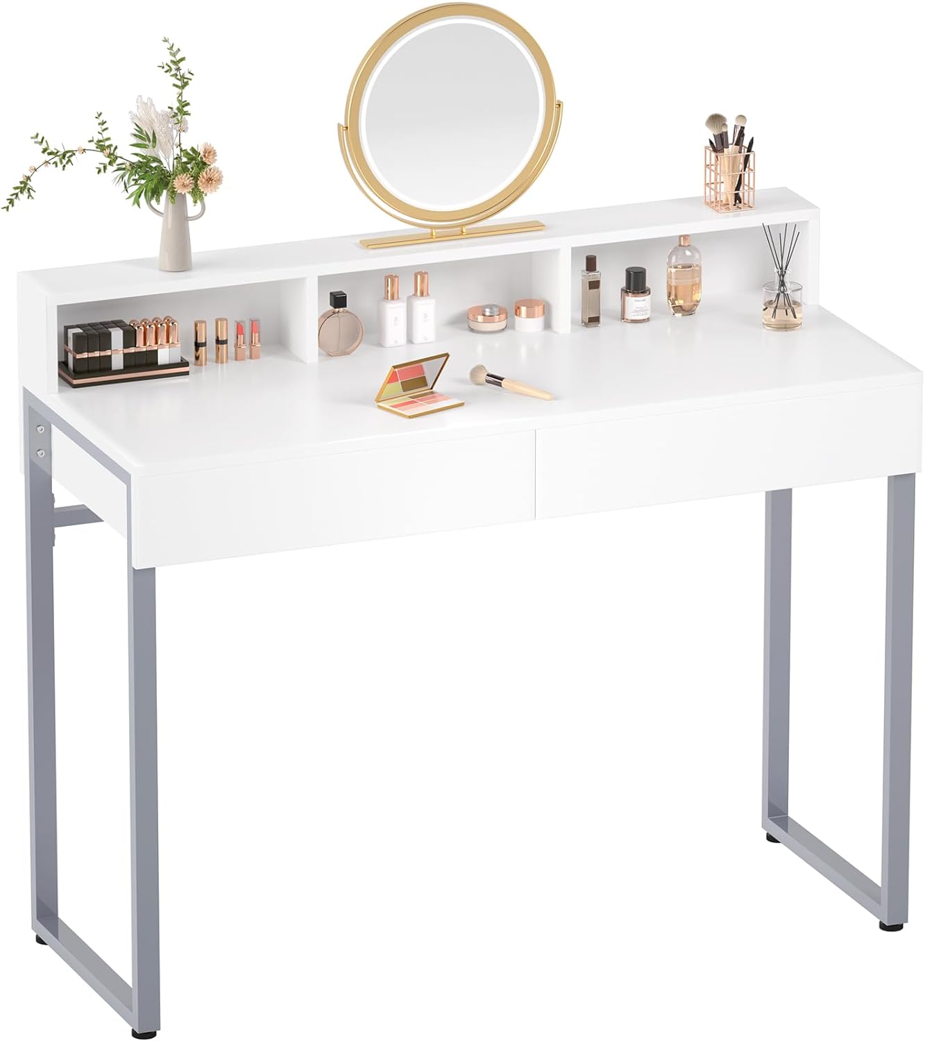 GreenForest Vanity Desk with 2 Drawers,31.5 inch Small White Desk with 3 Storage Spaces,Modern Home Office Computer Writing Desk Makeup Dressing Table with Metal Silver Legs for Bedroom,No Mirror