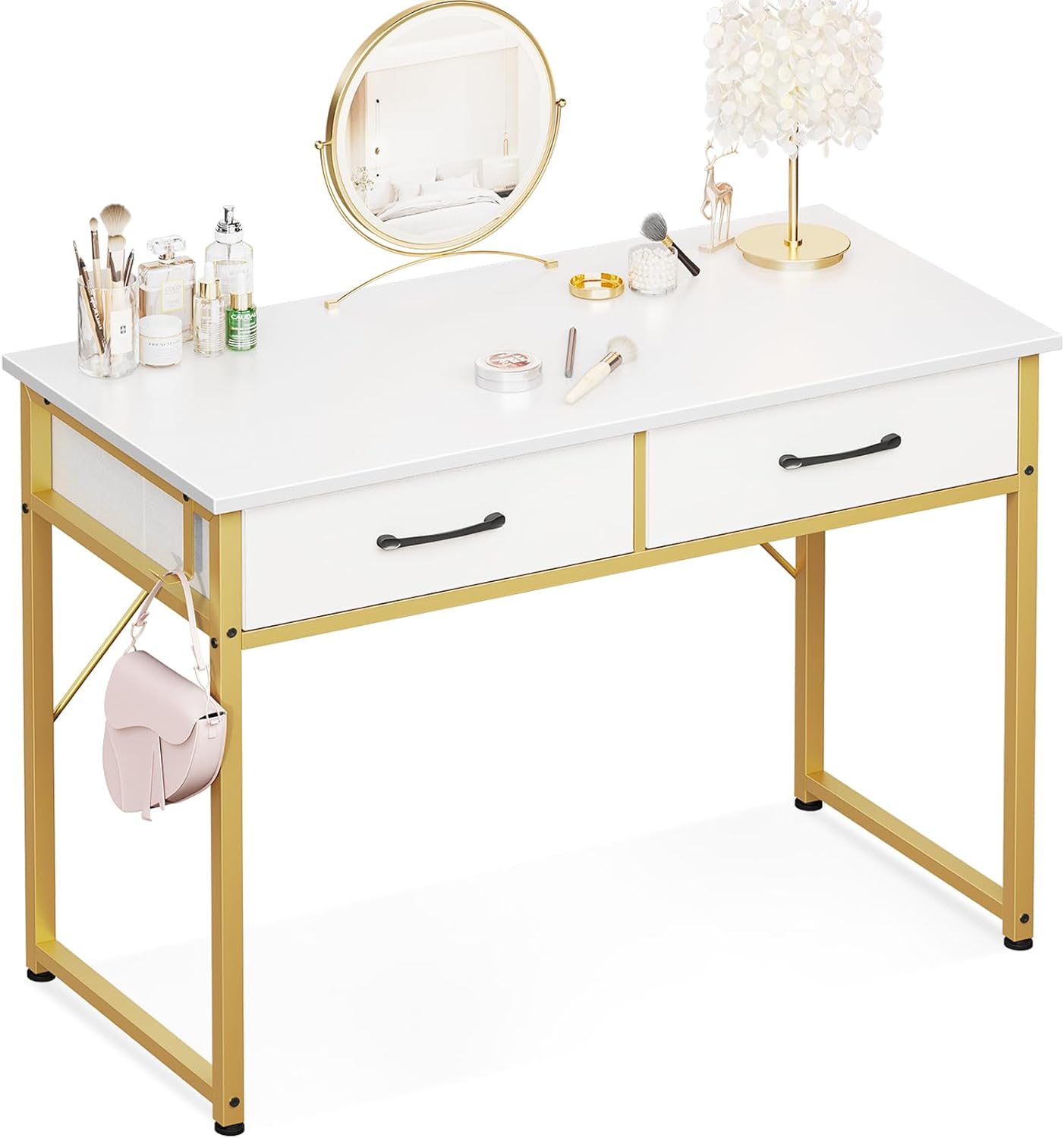 ODK Vanity Desk with Fabric Drawers & Storage, Makeup Dressing Table with Versatile Hook, Home Office Desks for Bedroom, Modern Writing Desk for Small Spaces, White and Gold Leg, 40x16 (No Mirror)