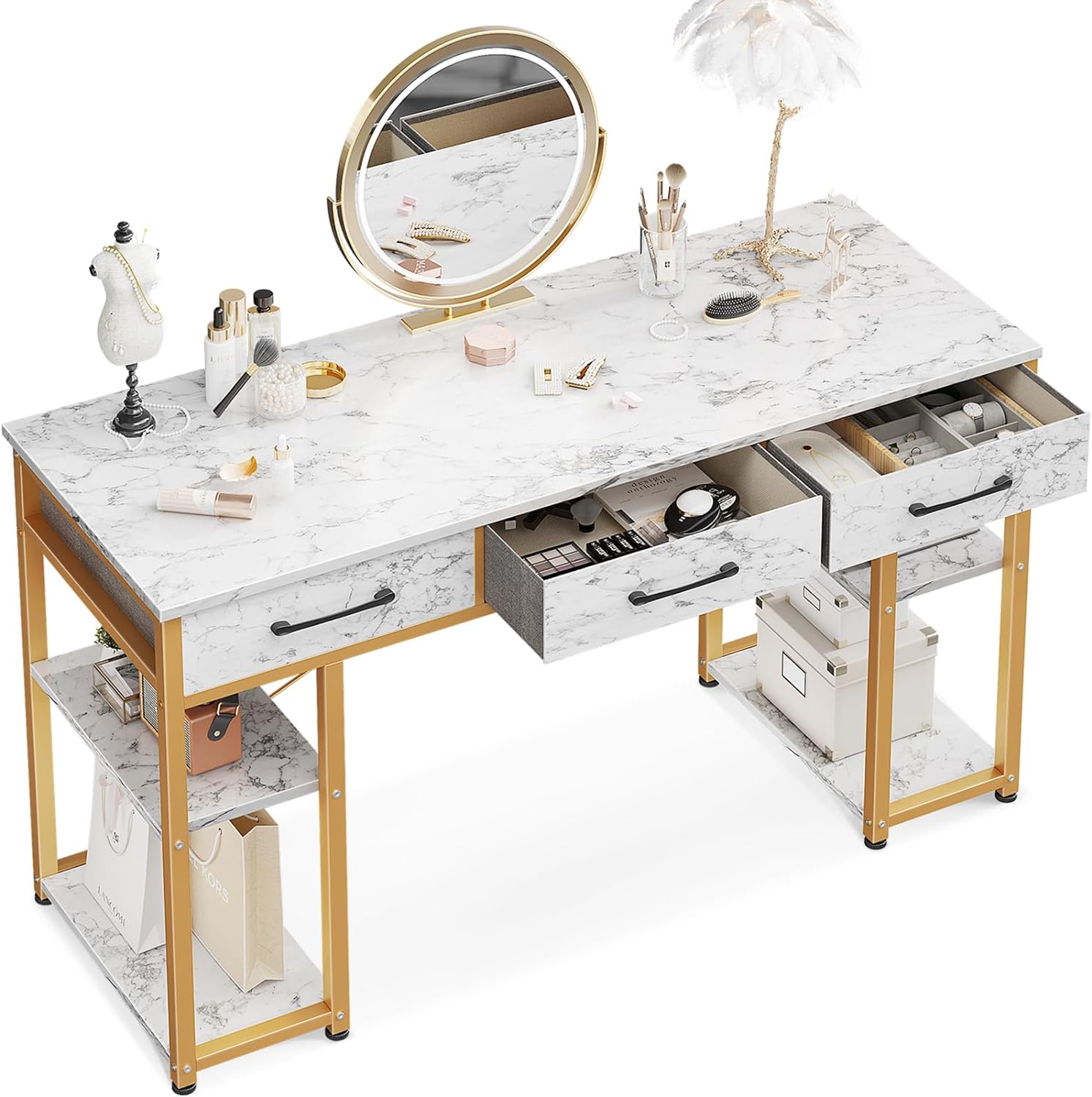 ODK Vanity Desk with Fabric Drawers & Storage Shelves, Makeup Dressing Table, Home Office Desks for Bedroom, Modern Writing Desk,White Marble and Gold Leg, 48x16