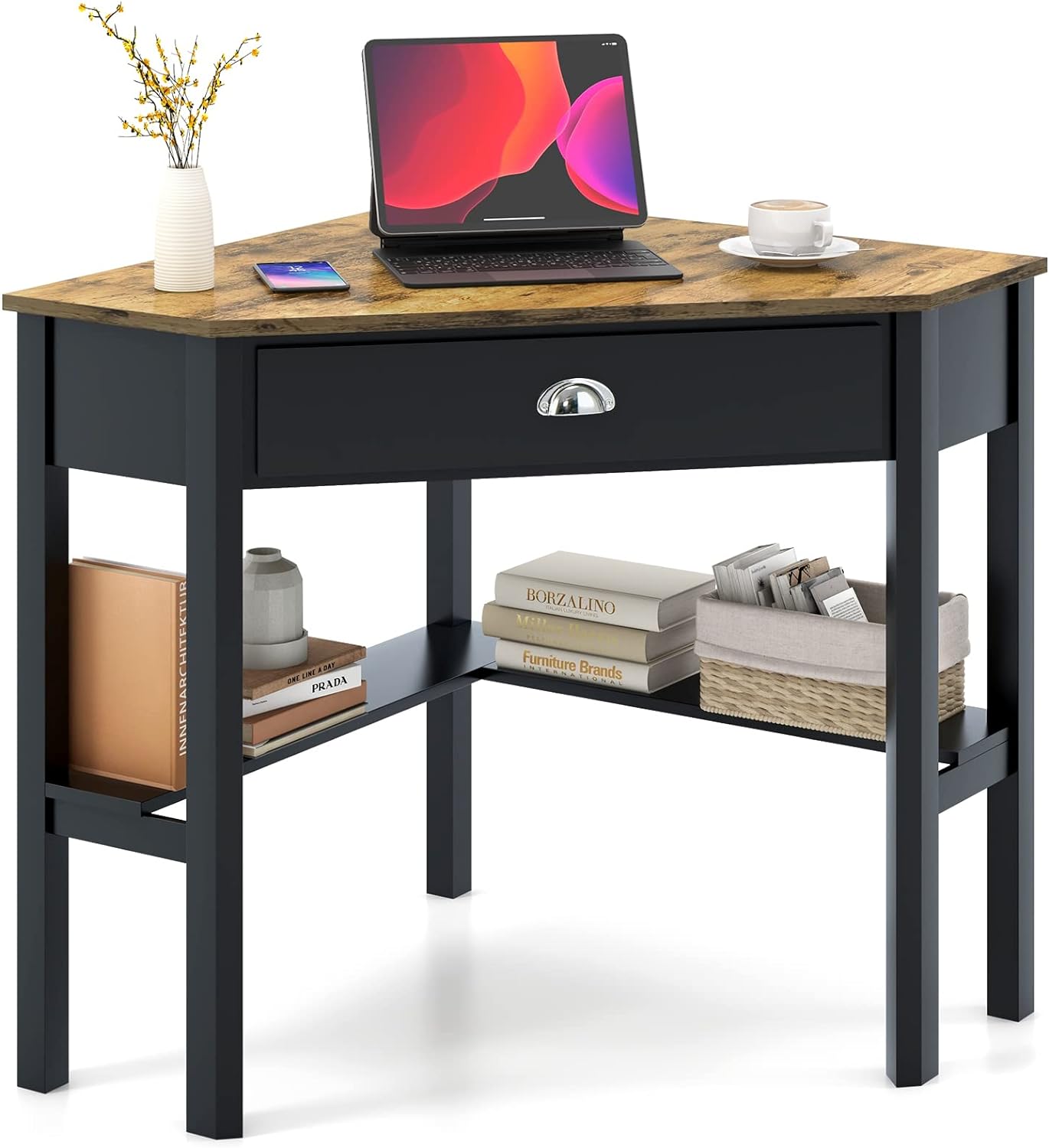 Tangkula Corner Desk, Corner Computer Desk with Drawer for Small Space, Small Corner Makeup Vanity Desk, 90 Degrees Triangle Corner Desk with Storage Shelves