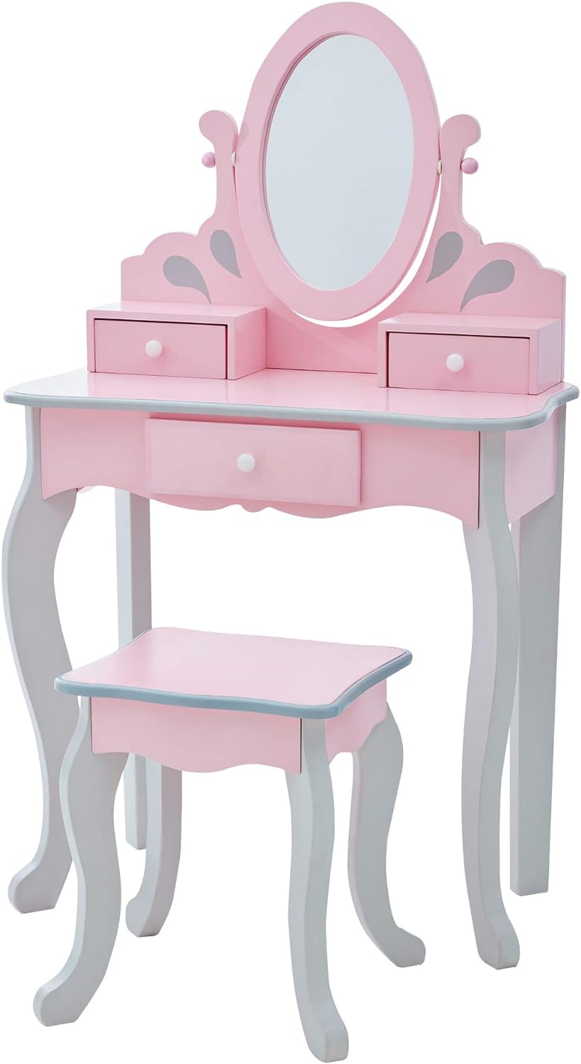 Teamson Kids Princess Rapunzel Wooden 2-pc. Play Vanity Set with Three Storage Drawers, Rotating Oval Mirror and Matching Stool to Play Dress-Up, Princess or Beauty Salon, Pink and Gray