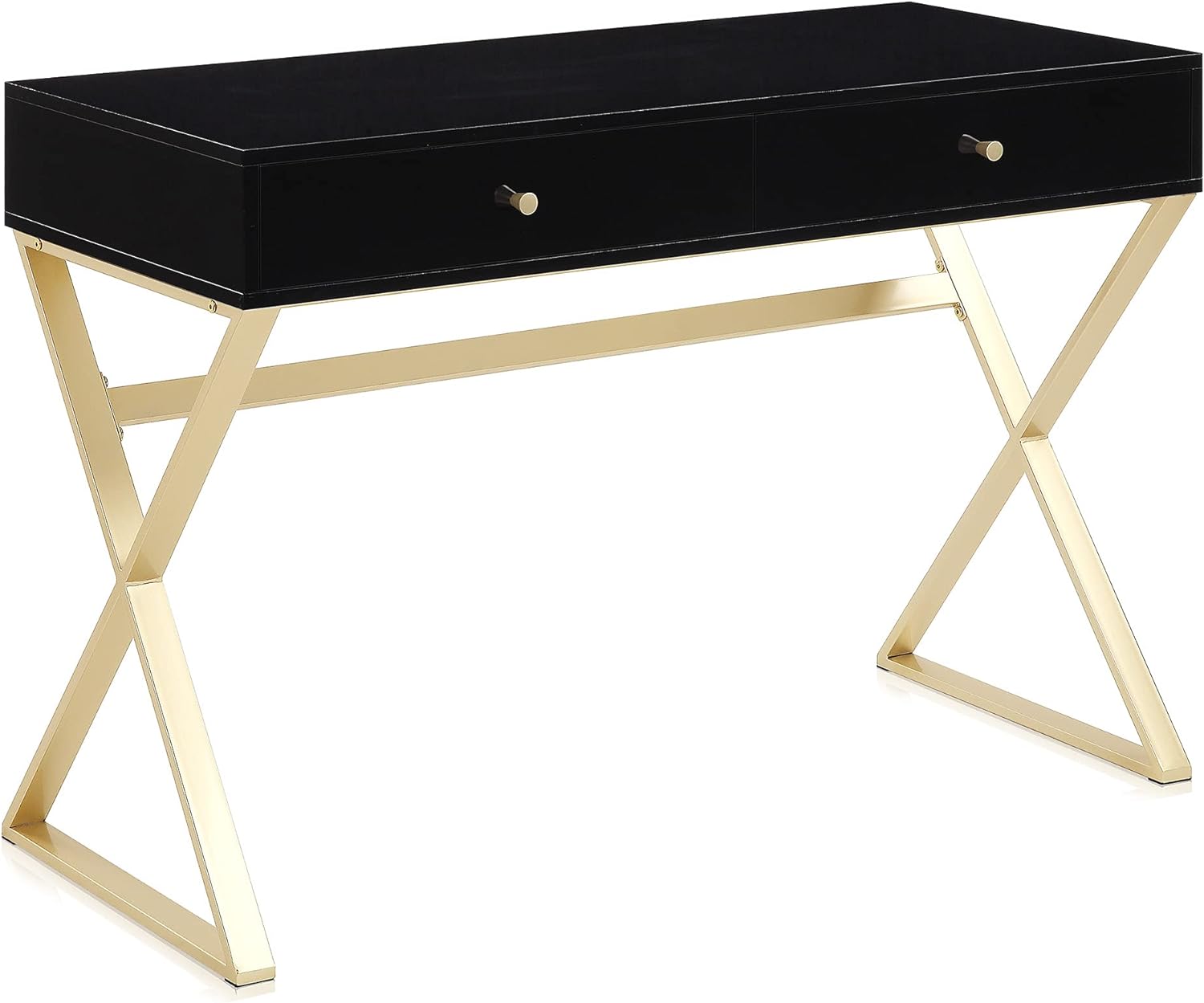 BELLEZE Modern 42 Inch Makeup Vanity Dressing Table or Home Office Computer Laptop Writing Desk with Two Storage Drawers, Wood Top, and Gold Metal Frame - Ellena (Black)