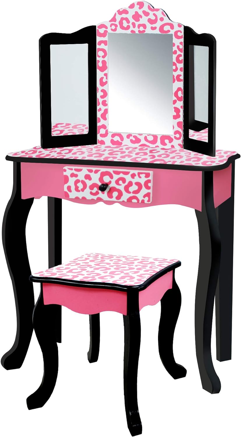 Teamson Kids Leopard Prints Wooden 2-pc. Play Vanity Set with Tri-Fold Mirror, Storage Drawer and Matching Stool to Play Dress-up, Princess or Beauty Shop, Black/Pink