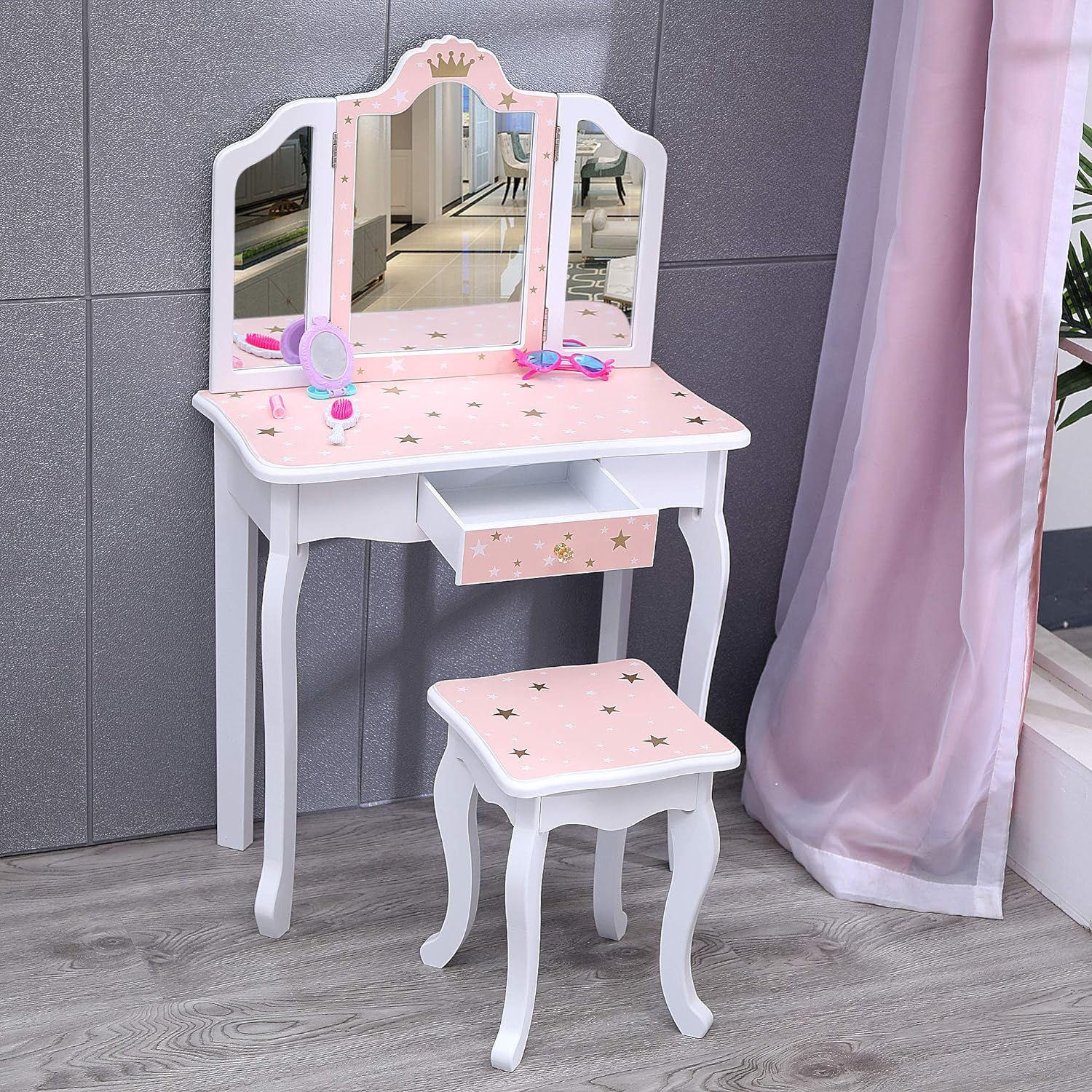 Kids Vanity Table and Chair Set, Girls Vanity Set with Stool, Tri-Folding Mirror, Makeup Dressing Princess Table with Drawer for Little Girls